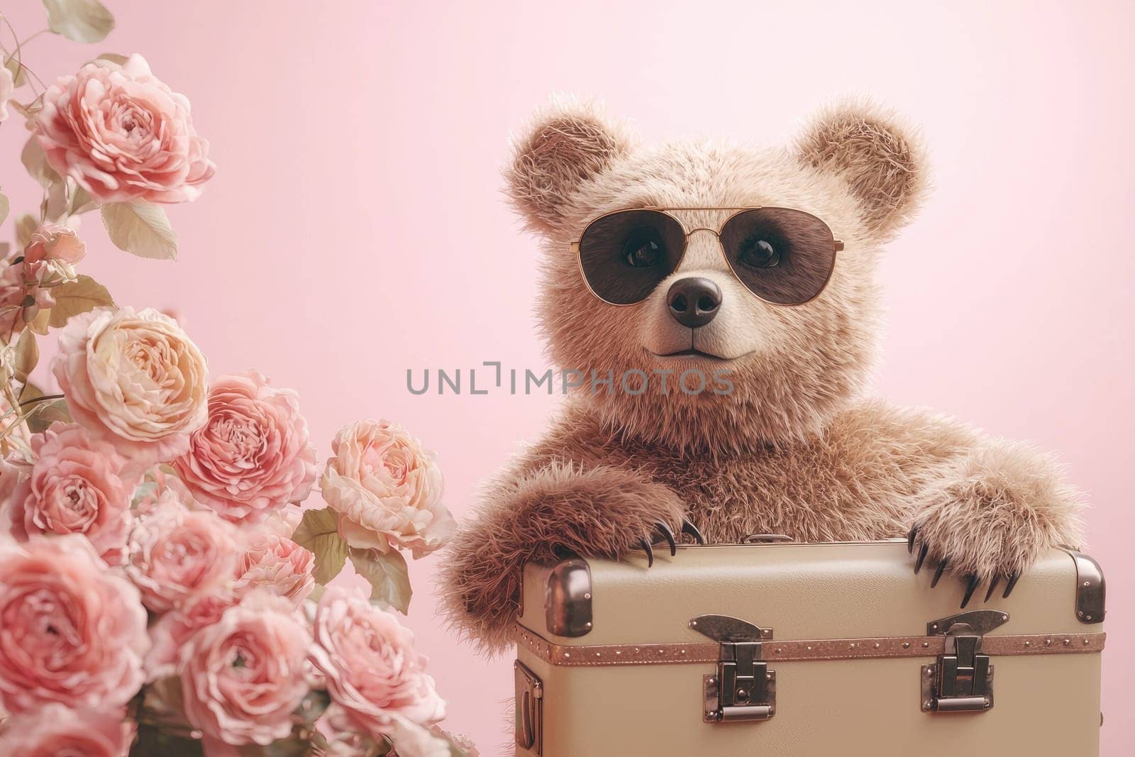 Adorable teddy bear with sunglasses leans on a vintage suitcase surrounded by lovely pink roses, perfect for adding charm and playfulness to creative projects.