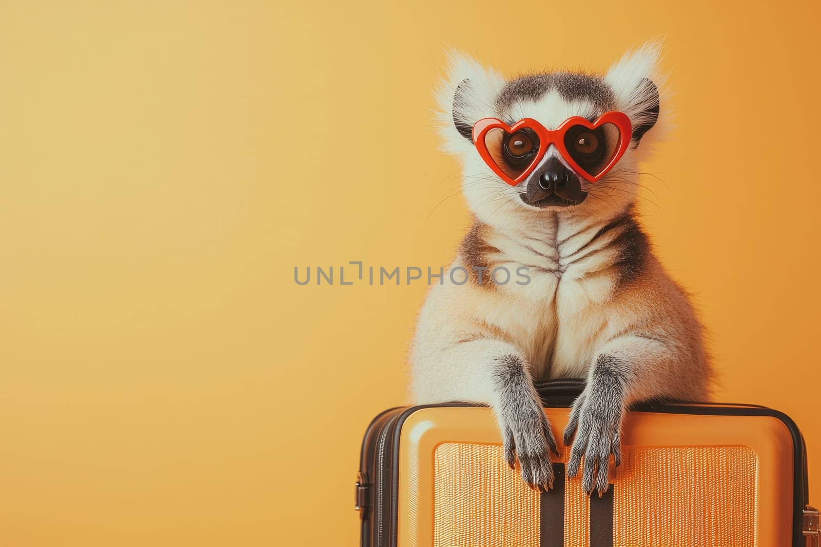A charming lemur sporting heart-shaped sunglasses, playfully resting on a yellow suitcase against an orange backdrop, embodying a whimsical travel spirit full of personality.