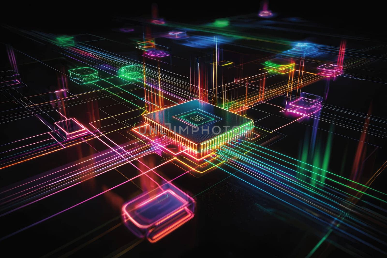 Explore a vibrant representation of a futuristic circuit board complete with colorful light trails, symbolizing advanced technology and data connectivity in the digital era.