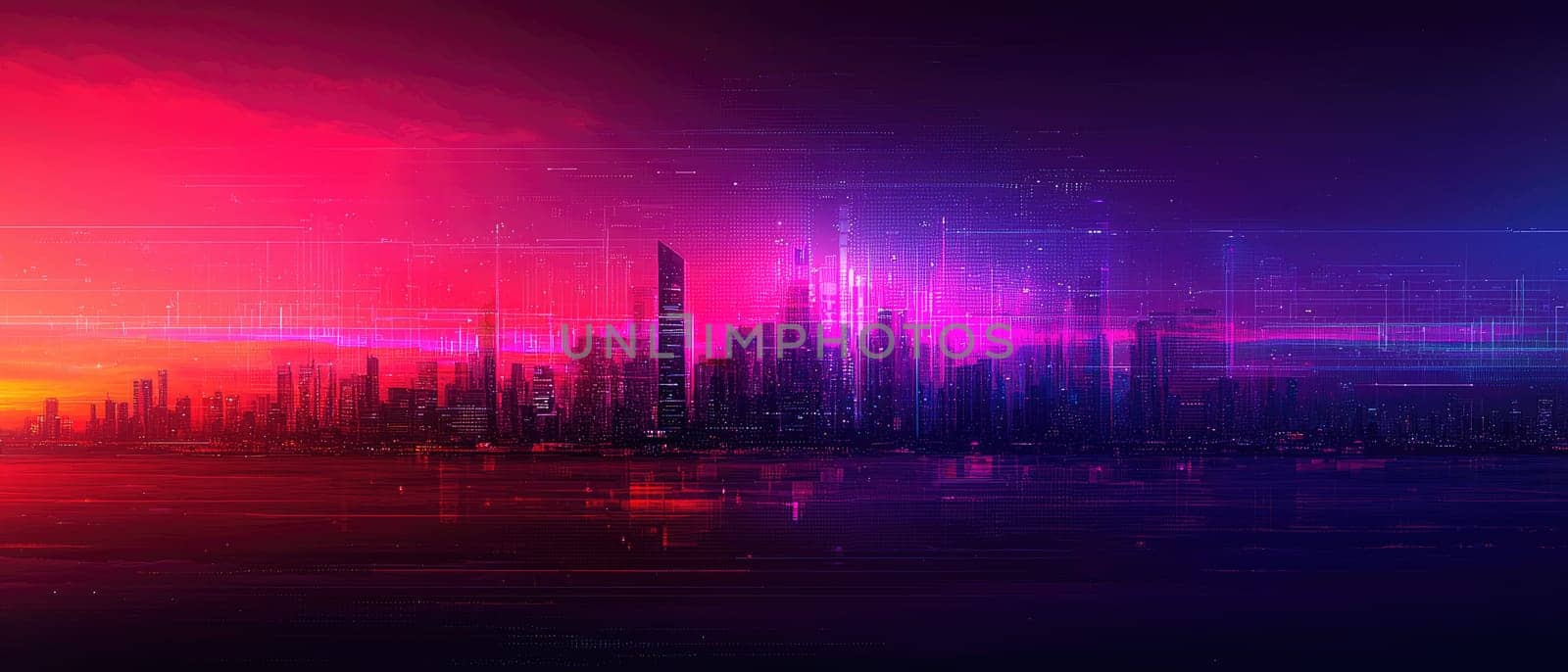 A stunning futuristic city skyline at dusk featuring vibrant colors and digital elements, capturing the essence of modern urban beauty and innovation.