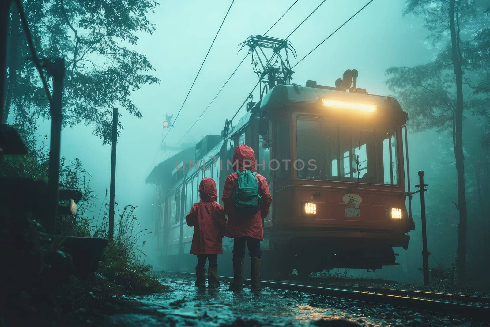 Two children in bright red raincoats stand by the tracks, mesmerized by a vintage train emerging through the fog in a serene forest landscape.