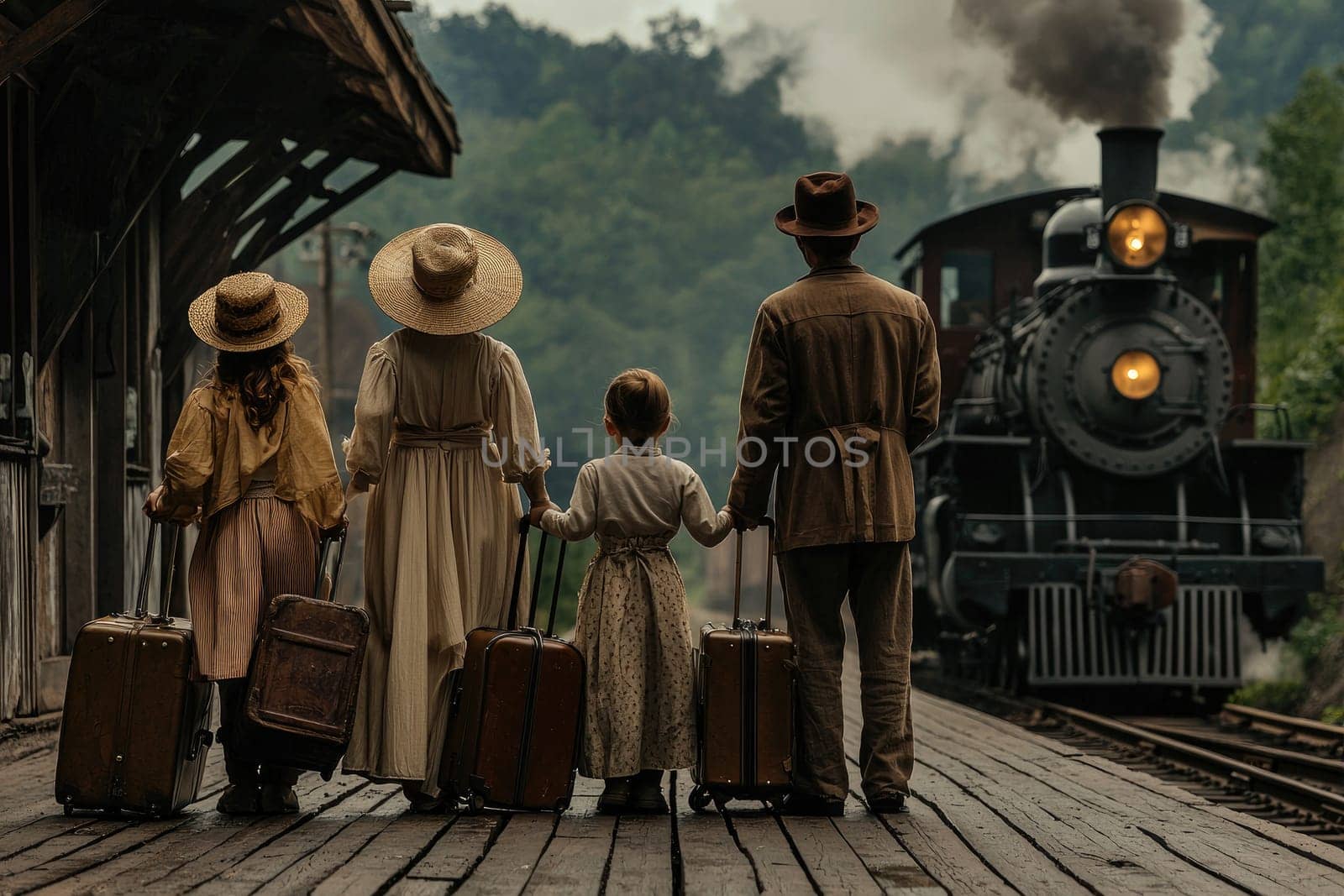 A nostalgic scene at a vintage train station showcases a family holding luggage while a steam locomotive approaches, evoking a sense of adventure and togetherness.