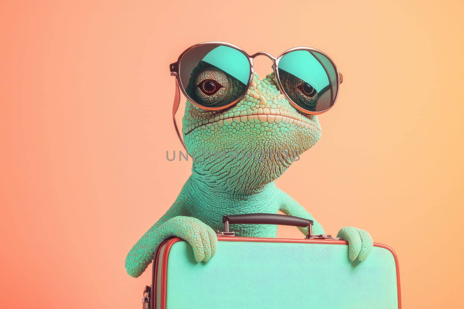 A whimsical chameleon wearing stylish sunglasses poses with a suitcase, embodying a fun spirit and adventurous vibe against a vibrant pastel background.