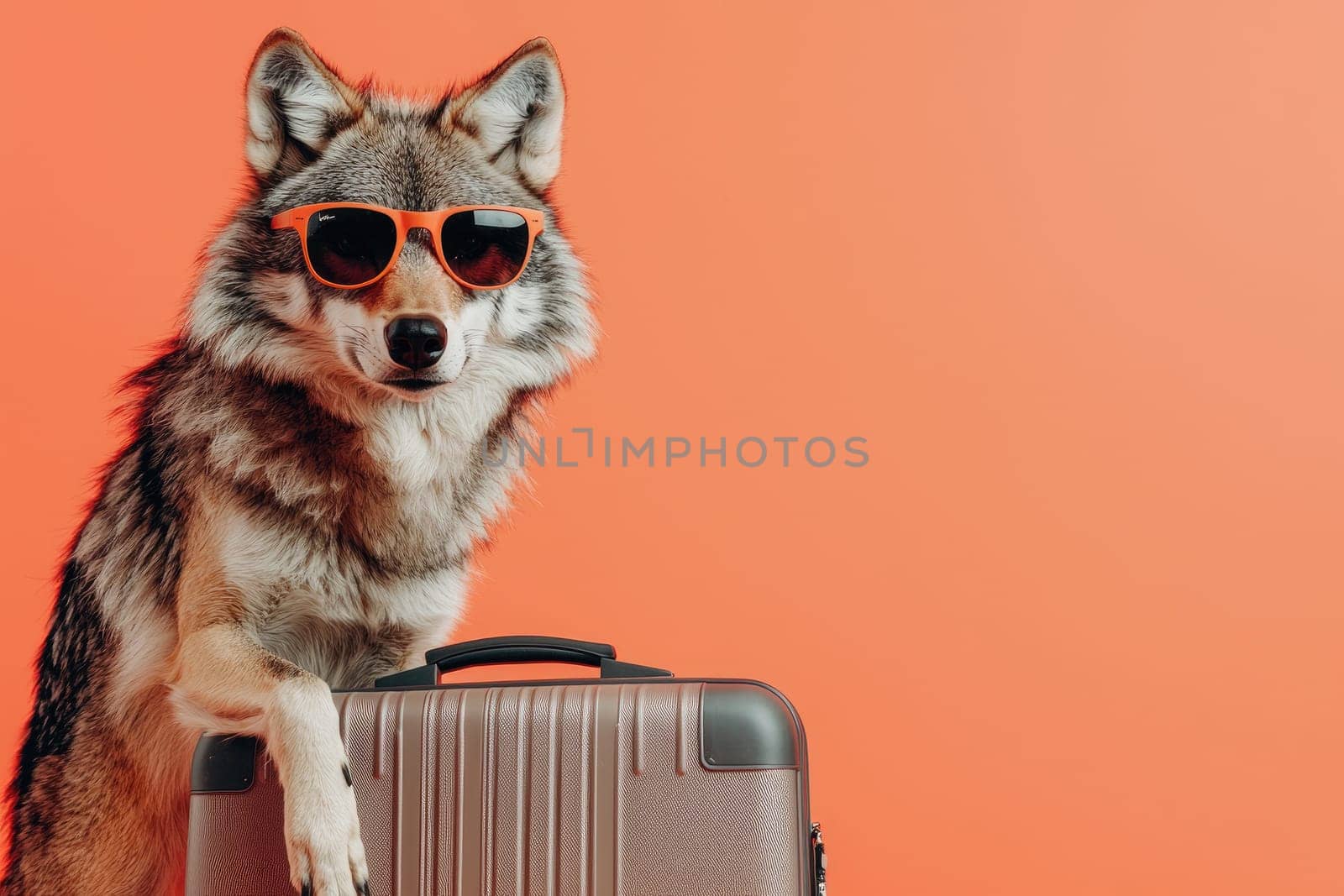 A stylish wolf with sunglasses poses next to a suitcase, set against a vibrant orange backdrop, capturing the essence of adventure and travel in a playful way.