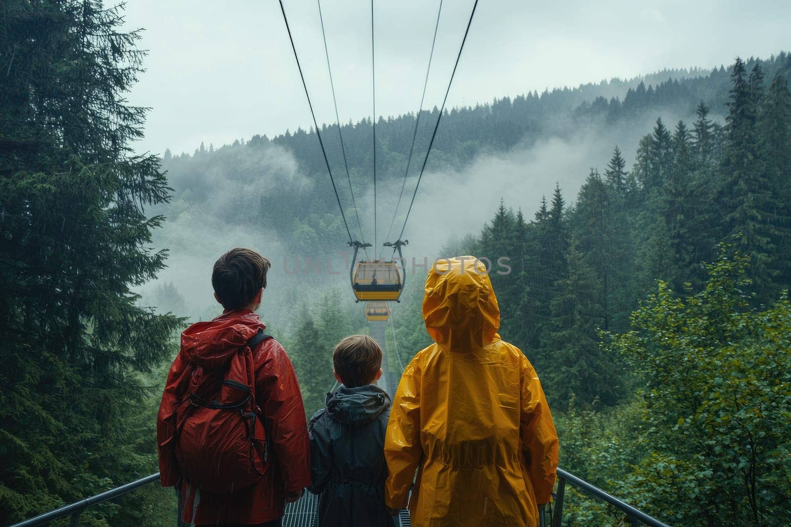Three children observe a gondola in a lush green forest, surrounded by mist and towering trees, embodying childhood adventure and the beauty of nature.
