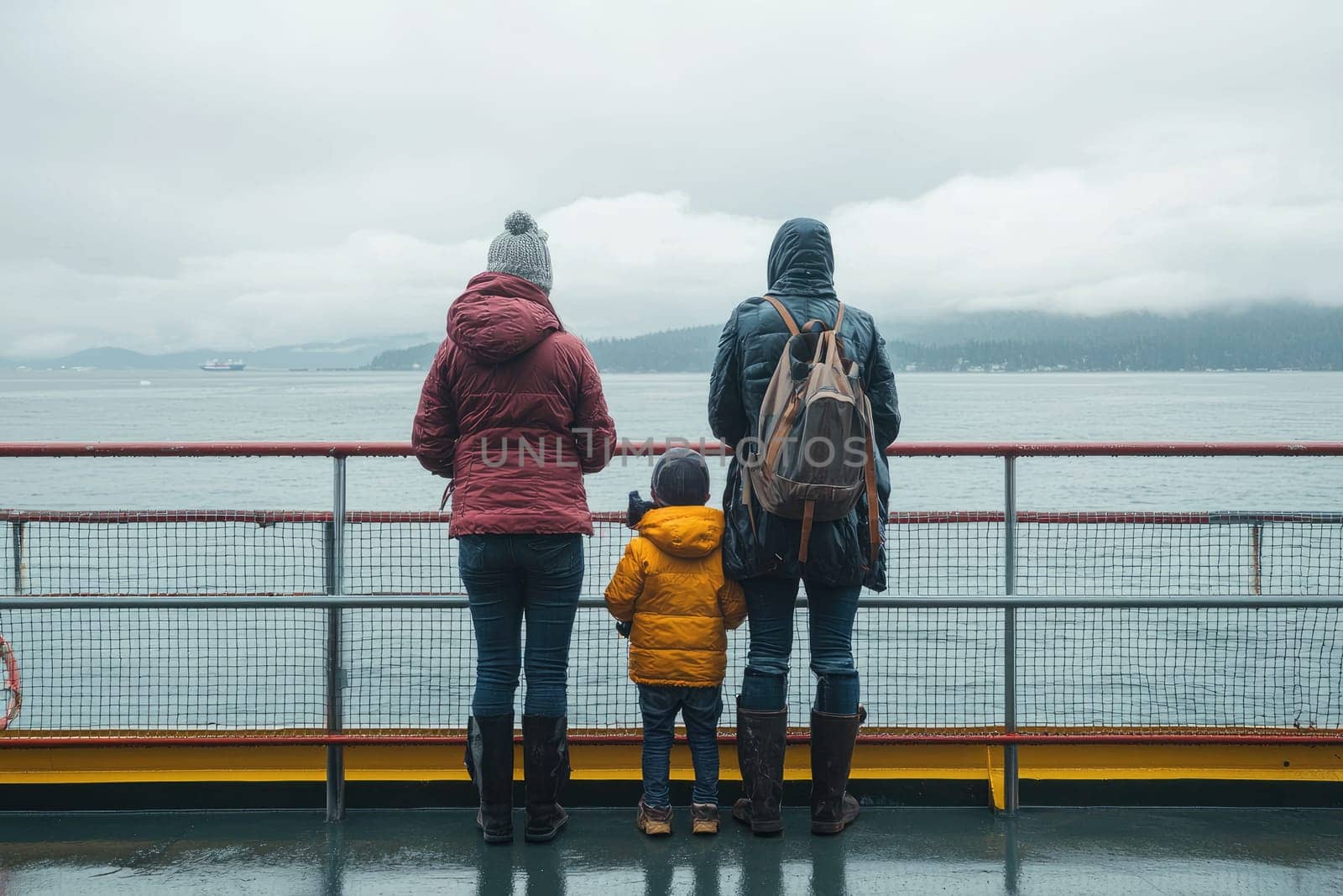 A family stands on a ferry, gazing at the serene water and distant mountains, dressed warmly for a cool day, capturing a moment of togetherness and adventure.