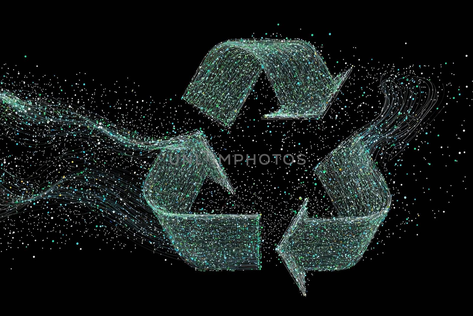 Stunning digital art features a sparkling recycling symbol, surrounded by particles and motion effects, highlighting the importance of sustainability and environmental preservation.