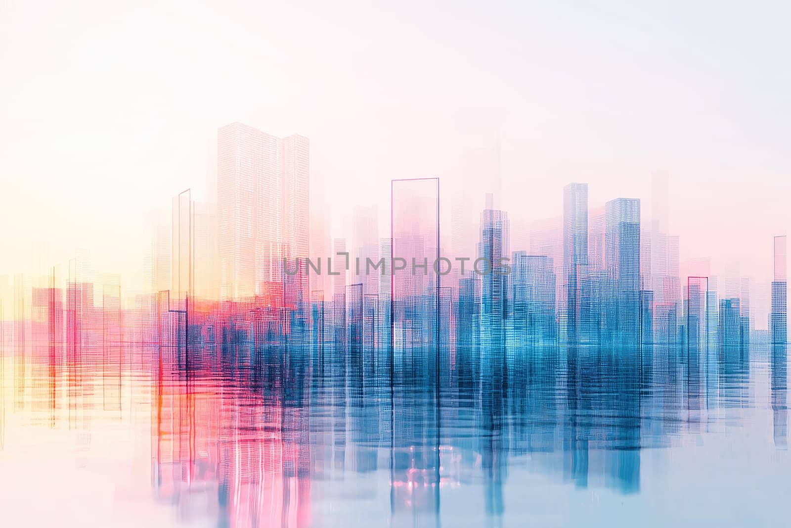 Stunning abstract depiction of a vibrant city skyline at sunrise, showcasing blurred effects and colorful reflections on water, evoking a peaceful and modern atmosphere.