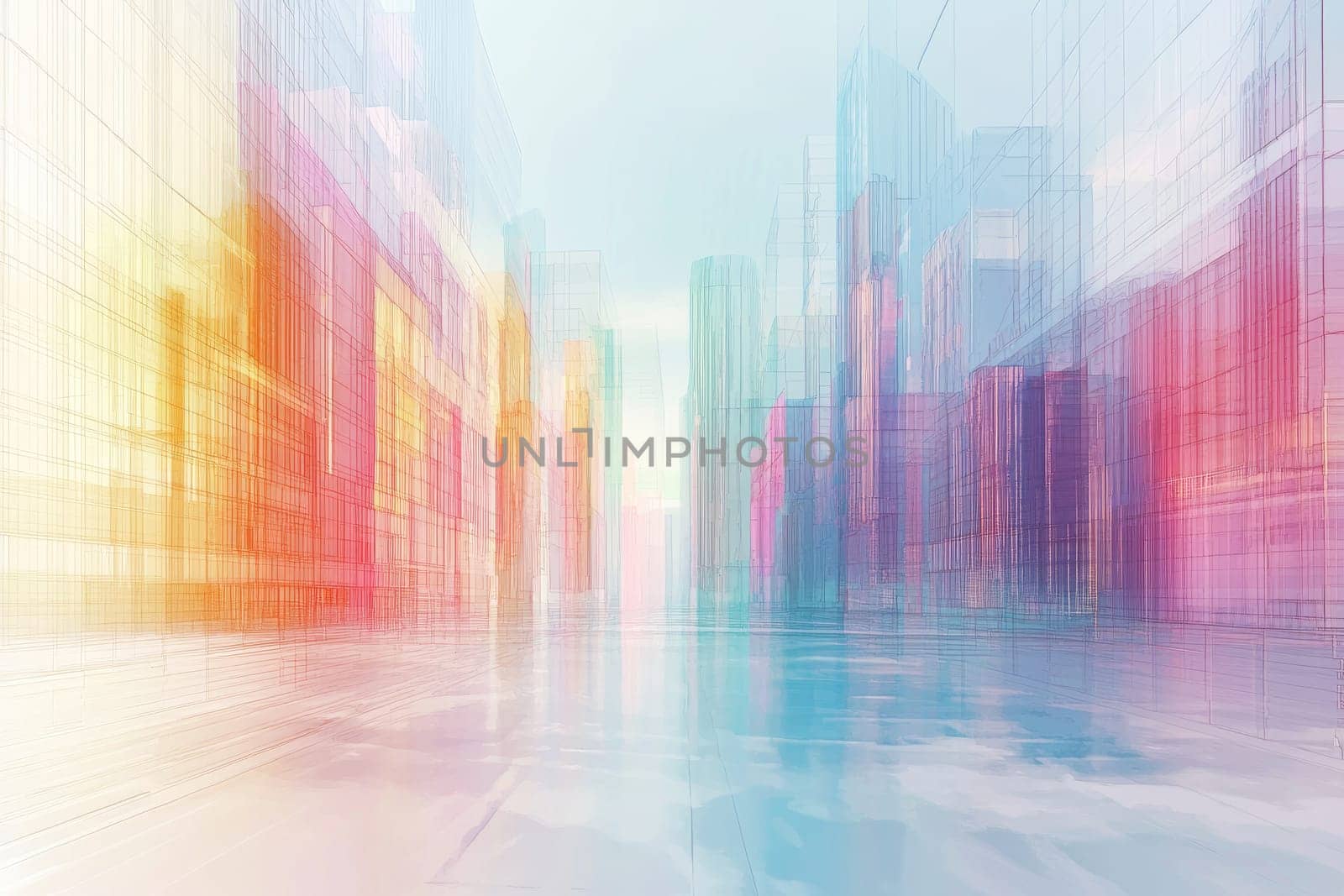 A vibrant abstract representation of a futuristic city, showcasing colorful skyscrapers and their reflections in serene water, creating a dreamlike atmosphere.