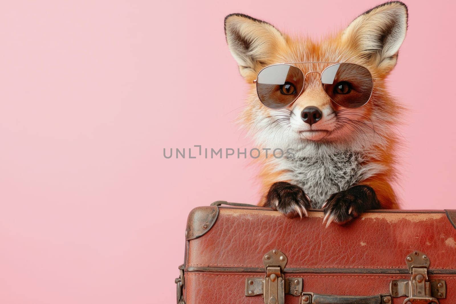 A charming fox wearing sunglasses leans on a vintage suitcase, set against a soft pink background, capturing a playful spirit perfect for travel and adventure themes.