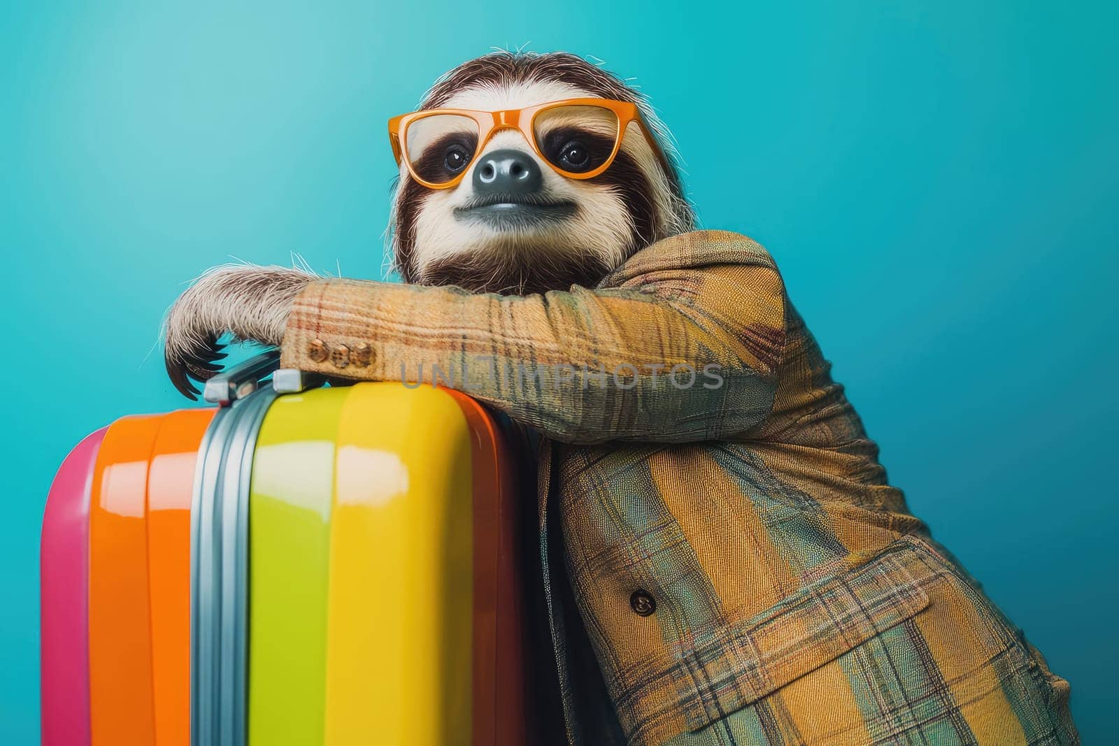 This charming sloth wearing sunglasses and a fashionable suit leans against a vibrant suitcase, creating a fun and playful ambiance perfect for travel-themed imagery.
