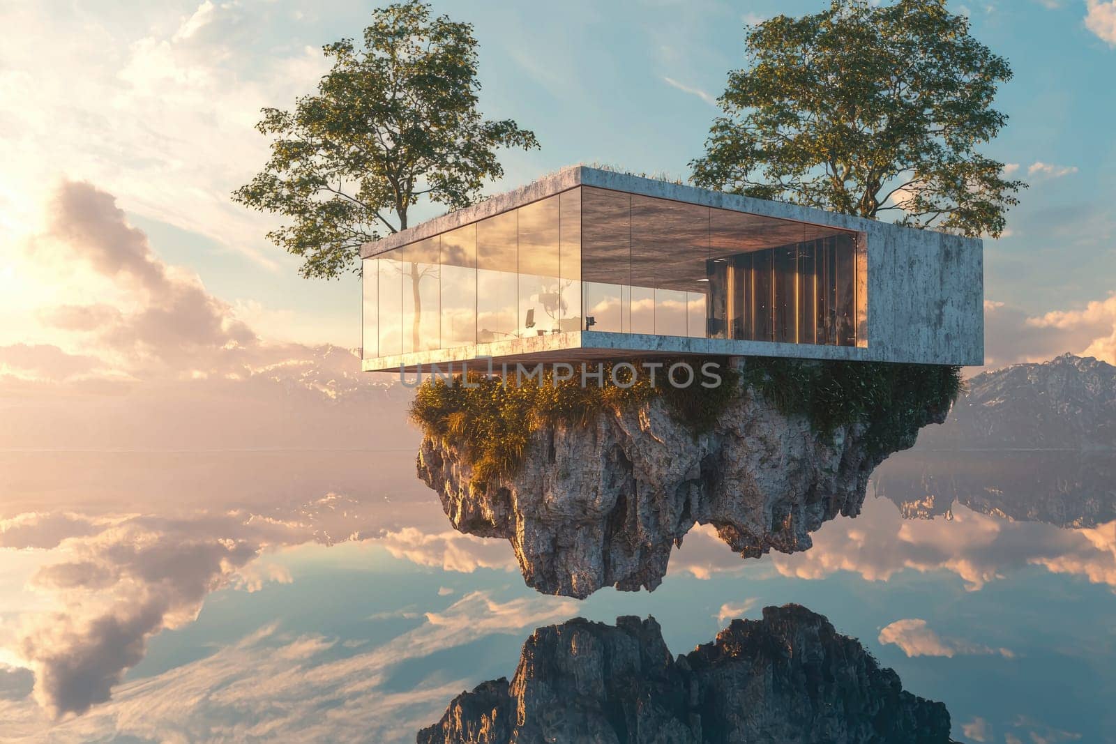Stunning modern floating house reflects on calm waters, surrounded by majestic mountains and lush greenery, showcasing innovative design and serene natural beauty.