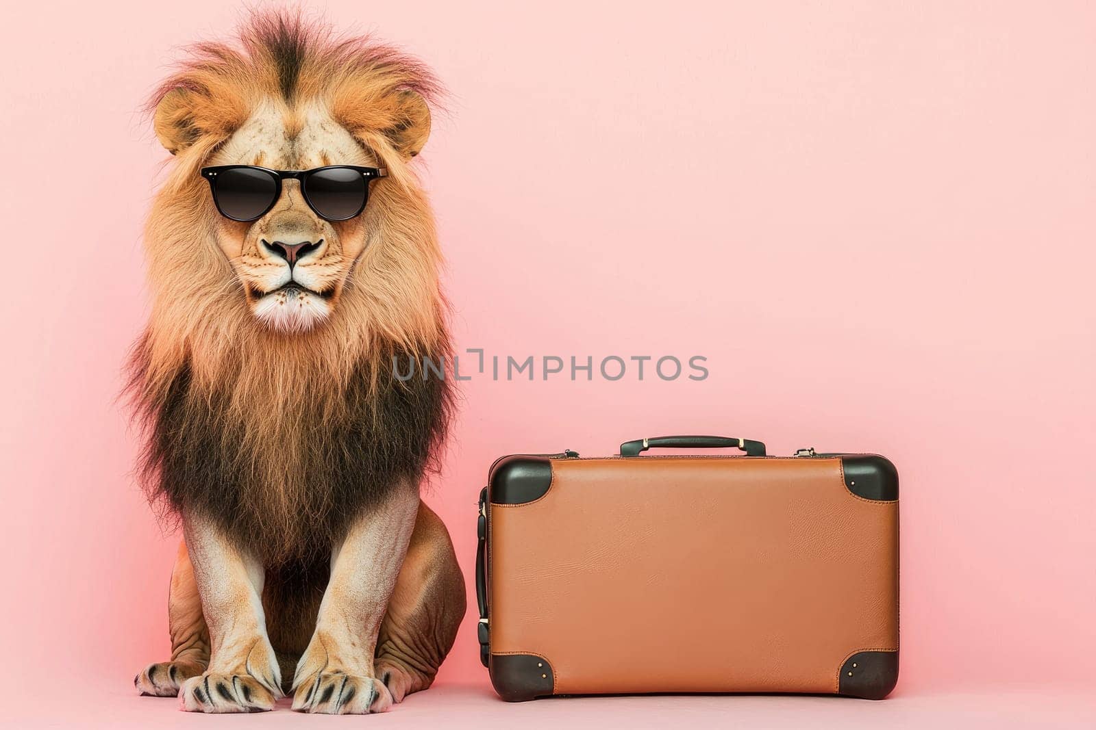 Enter the whimsical world of travel with this charming lion donning sunglasses beside a stylish suitcase, set against a vibrant pink backdrop, perfect for adventurous themes.