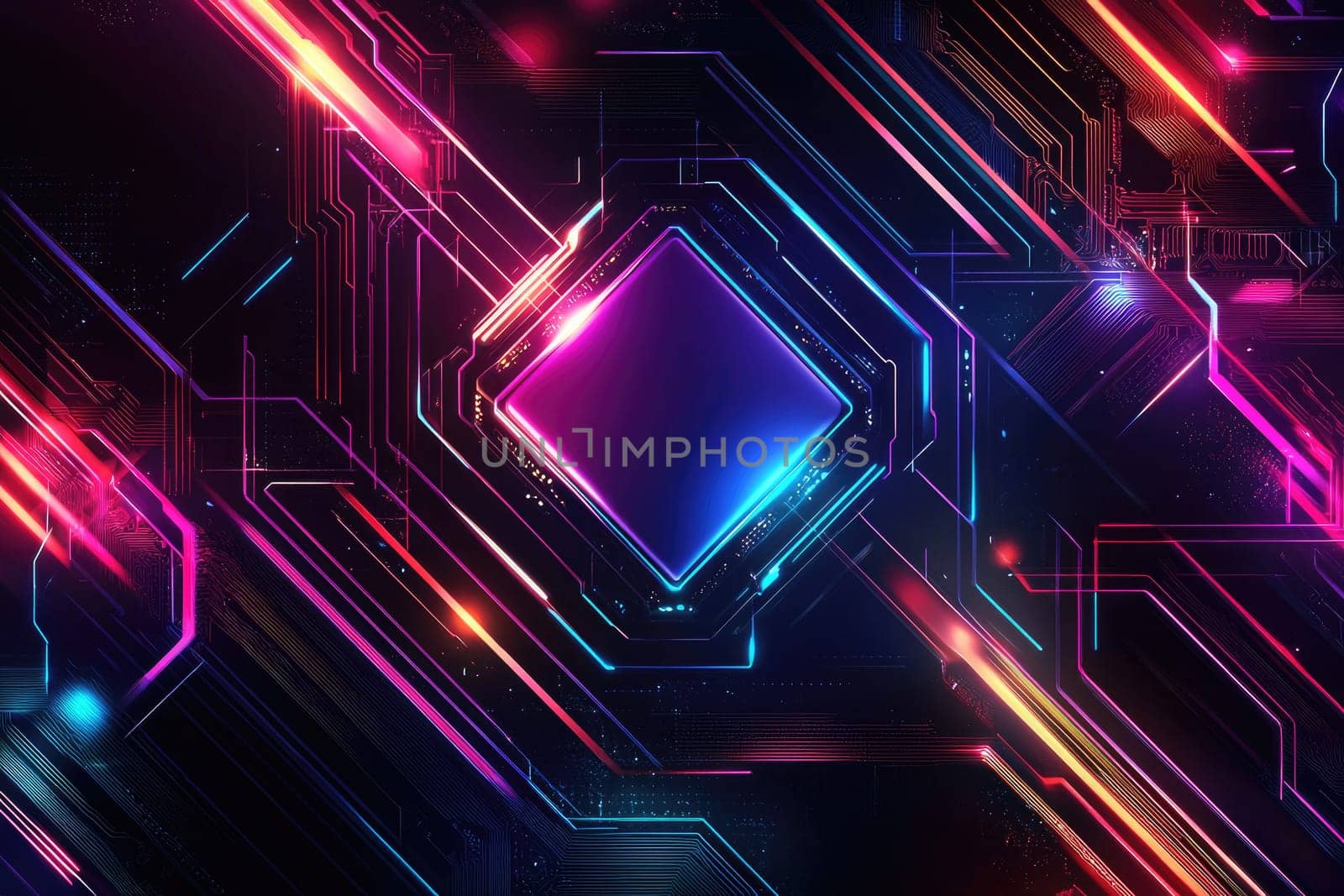 Vibrant abstract background featuring neon lights and circuit design elements, perfect for technology-themed projects and digital artwork explorations.