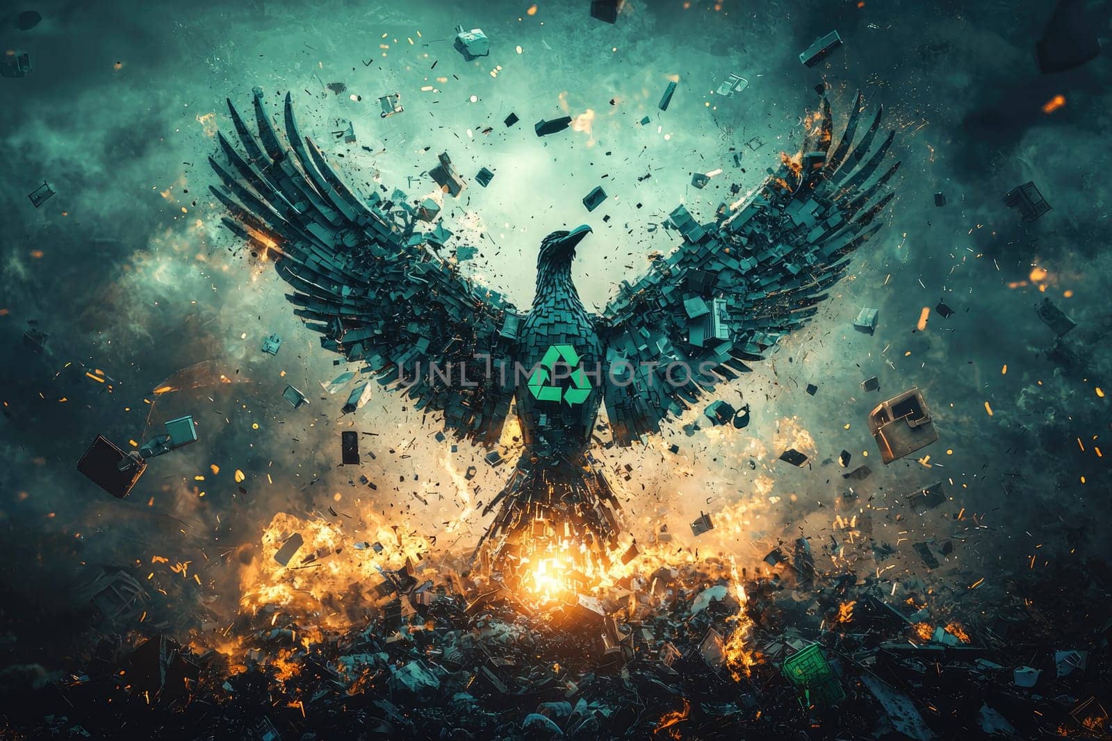 A striking image of a powerful eagle emerging from a field of debris, showcasing a green recycling symbol, representing hope, strength, and environmental awareness in a visually captivating scene.