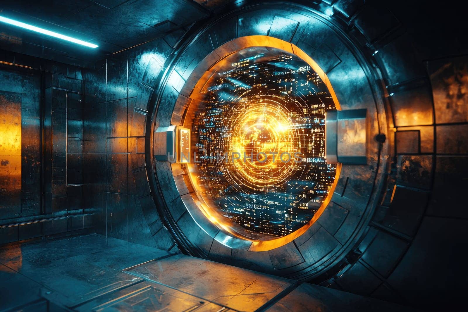Explore a mesmerizing futuristic portal set in a high-tech environment, featuring glowing elements, intricate patterns, and a vibrant color palette that sparks imagination.