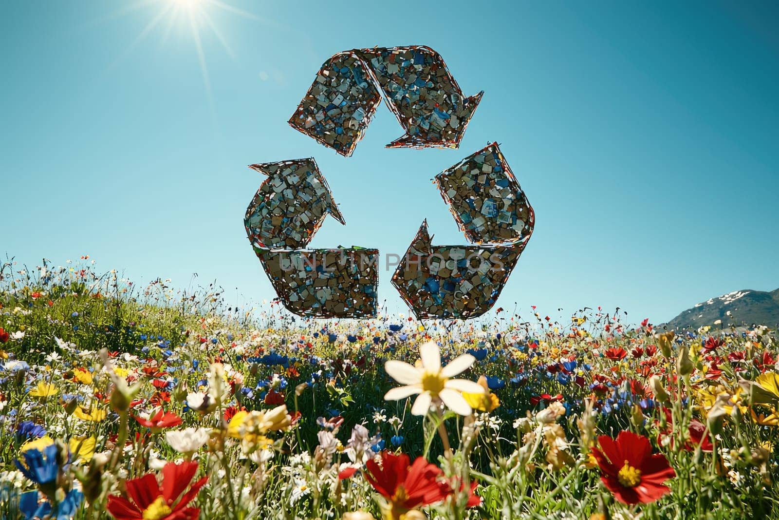 A stunning landscape showcasing recycled materials crafted into a recycle symbol surrounded by vibrant wildflowers, emphasizing the importance of sustainability and environmental protection.