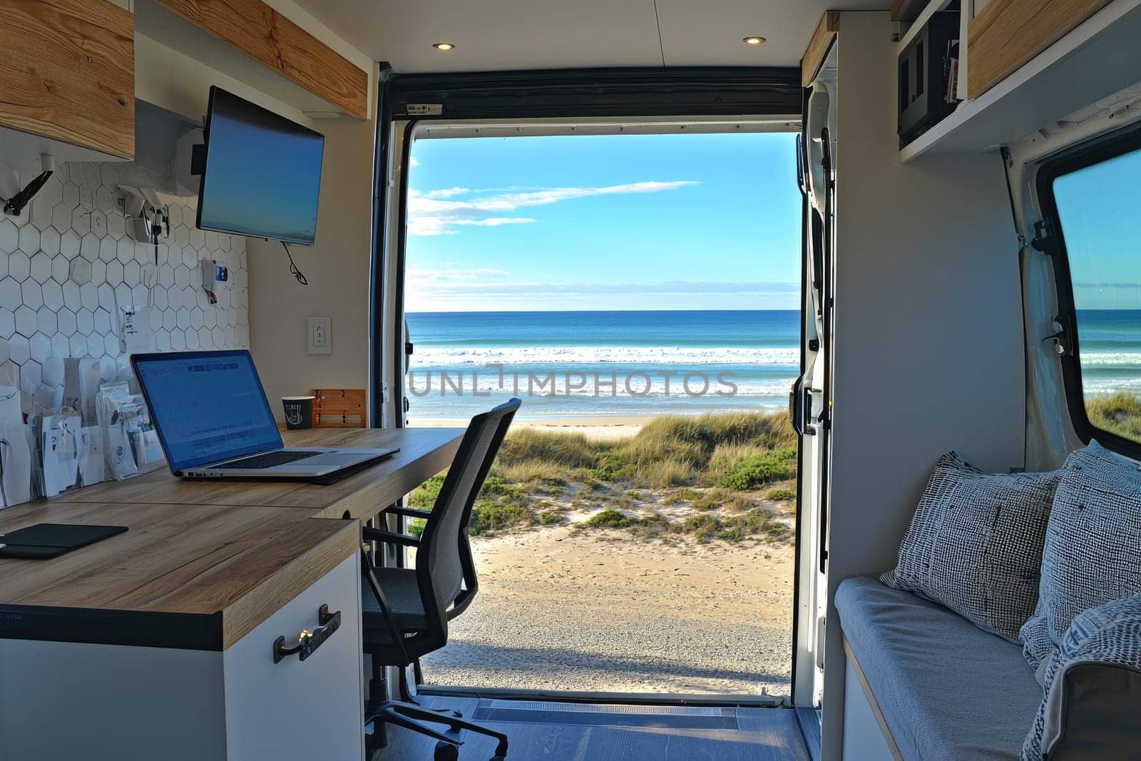Bright and inviting van interior showcases a cozy workspace with a stunning ocean view, ideal for remote workers and travelers seeking relaxation and inspiration.