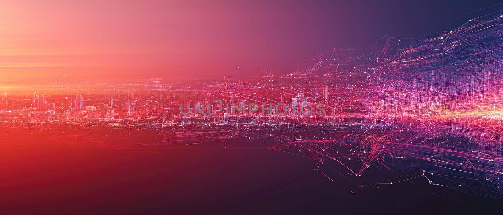 A mesmerizing abstract digital landscape showcasing a futuristic city skyline illuminated by vibrant colors, capturing the essence of technology and connectivity in urban life.