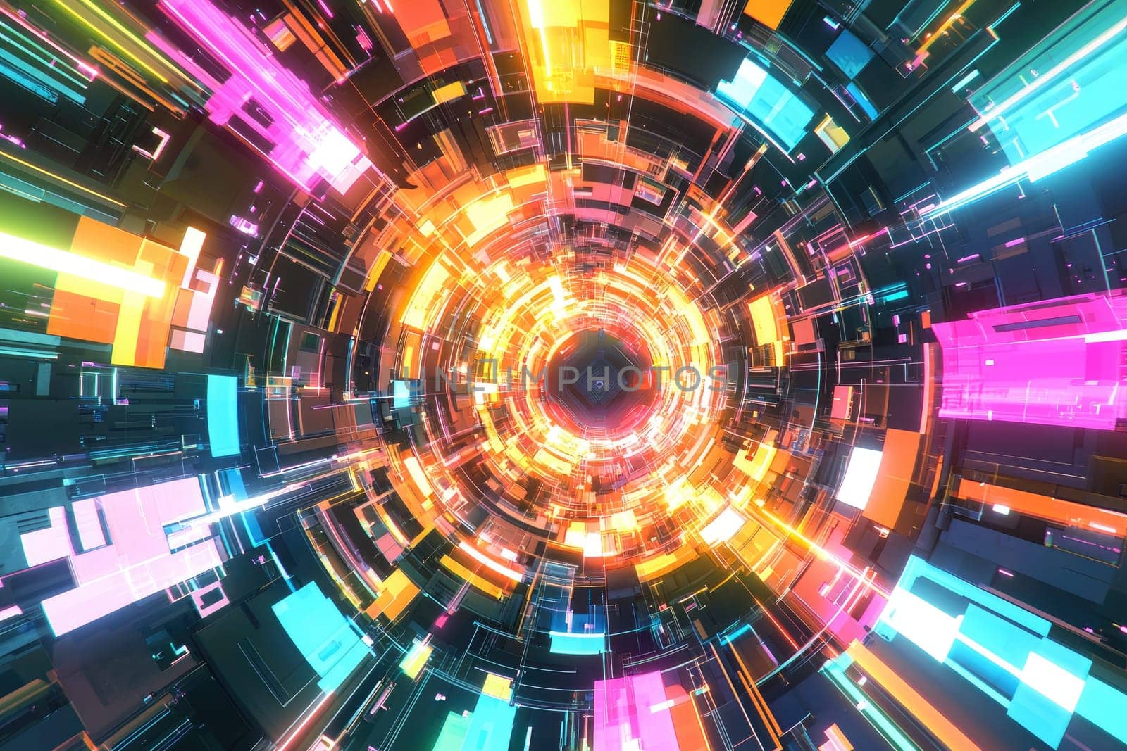 This vibrant abstract image features colorful cubes and light trails in a circular motion, creating a captivating digital background ideal for technology and science-themed projects.