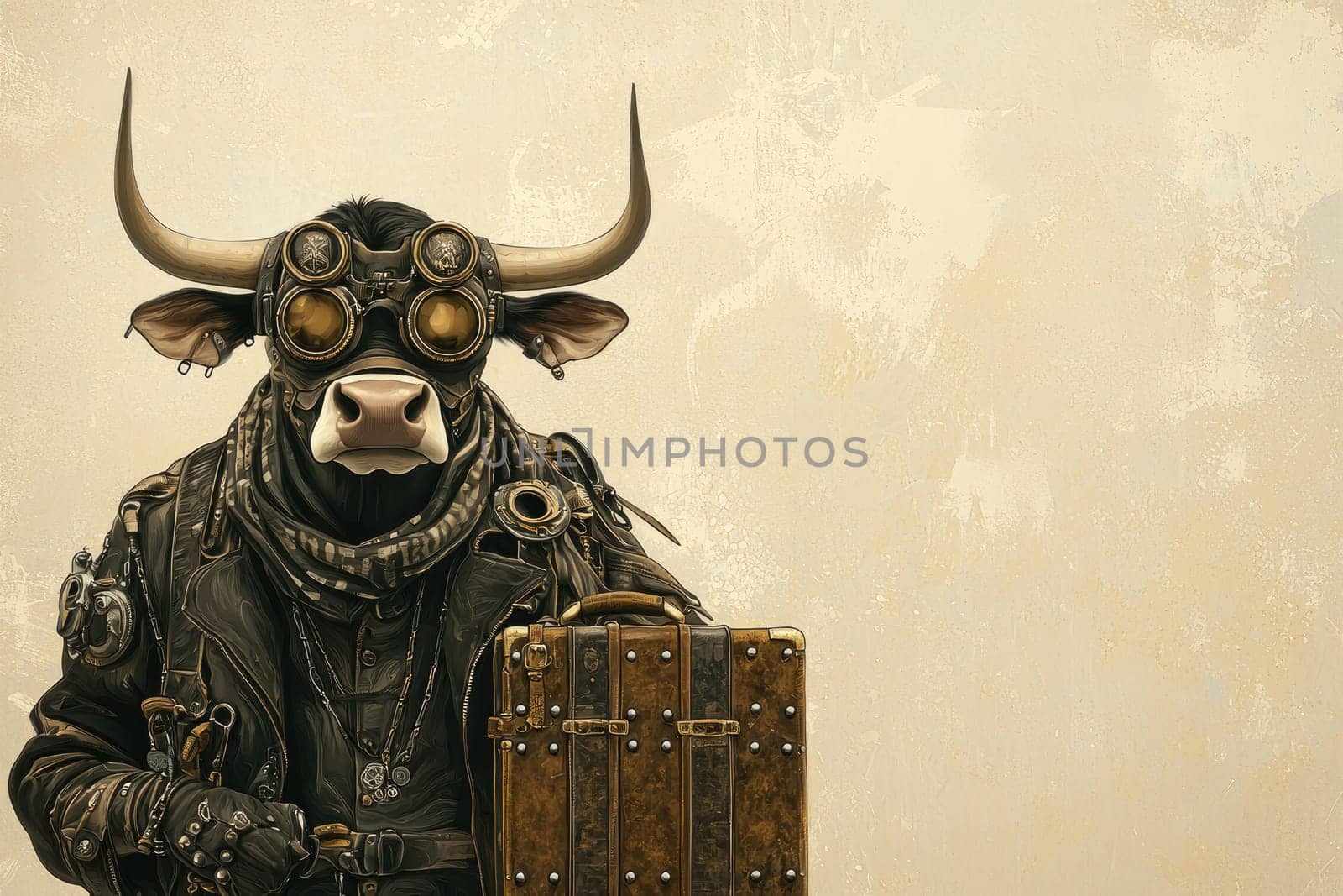 An imaginative steampunk bull character donned in a vintage outfit stands confidently with a suitcase, showcasing a blend of creativity and whimsy in this unique illustration.