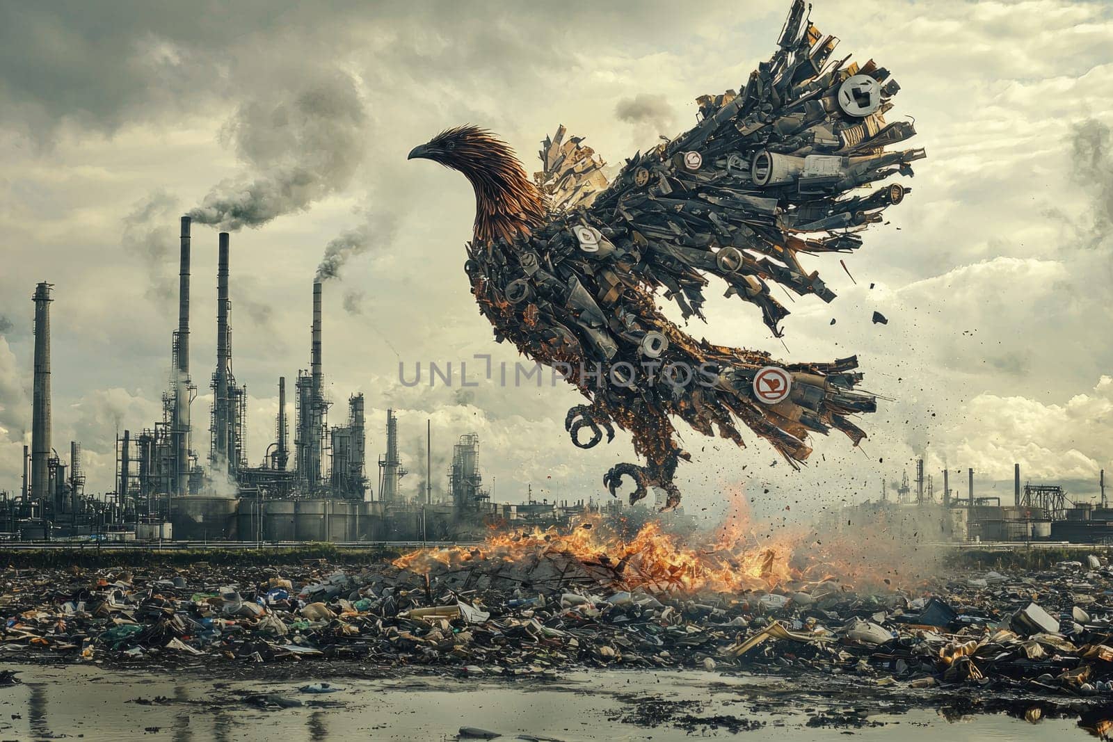 This striking image depicts a phoenix constructed from urban waste, symbolizing rebirth and hope amidst industrial pollution and environmental decay.