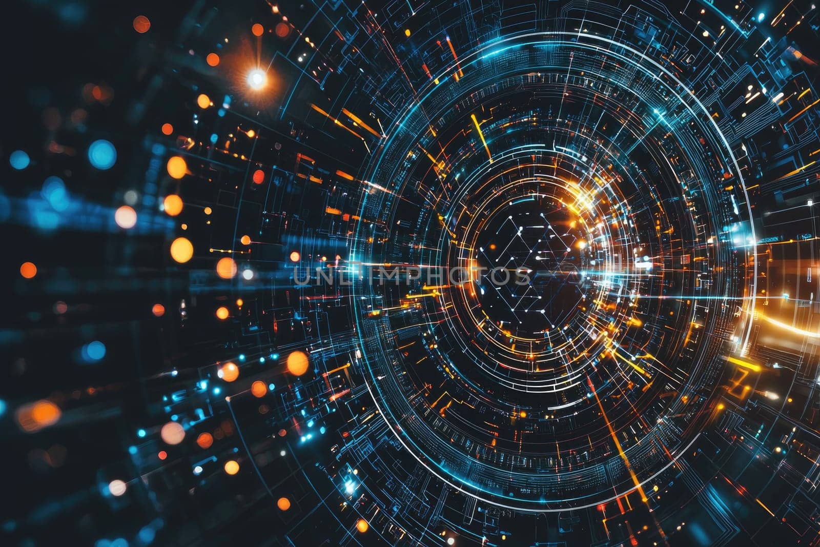 Dynamic abstract digital background featuring circular patterns and glowing lights, perfect for conveying technology, innovation, and futuristic themes in visual projects.