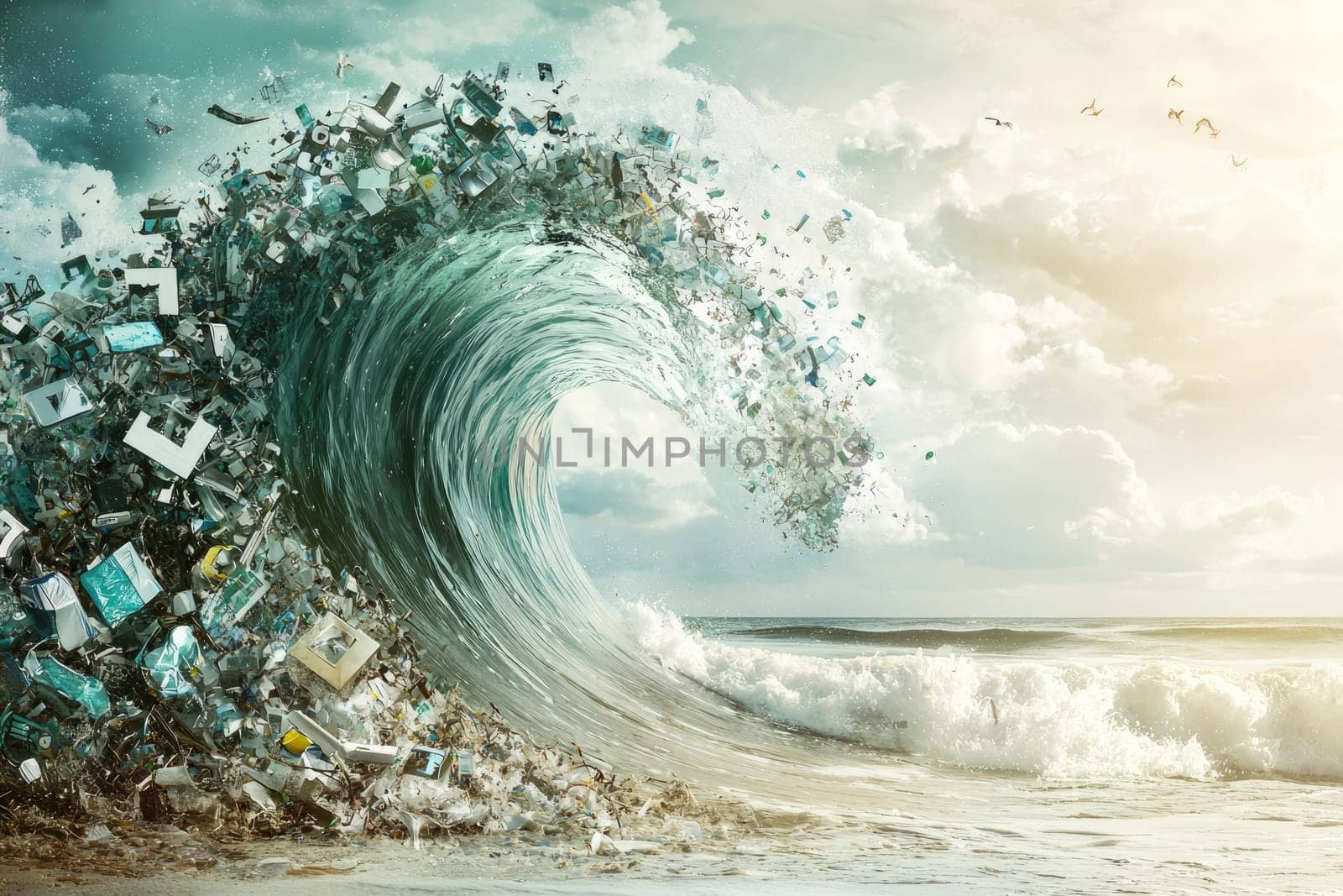 A striking visual representation of ocean pollution, showcasing a wave made of discarded items and photographs, emphasizing the urgent need for environmental awareness and conservation efforts.