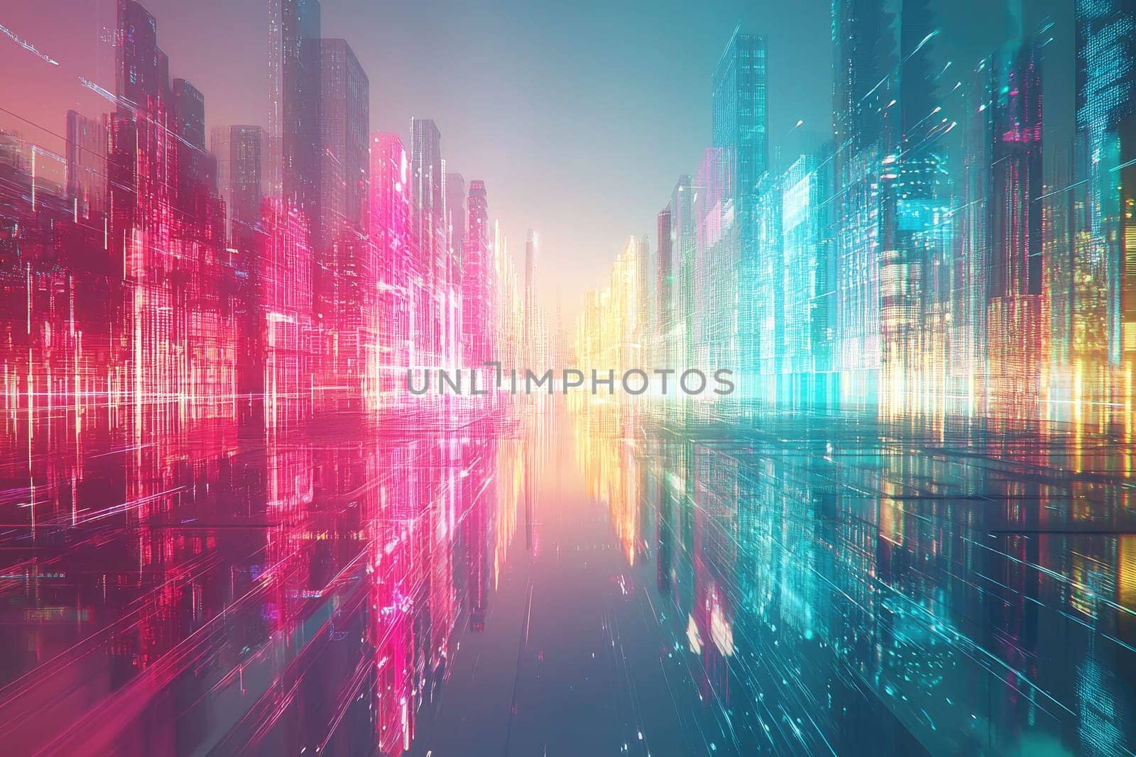 This stunning cityscape showcases a vibrant urban environment illuminated by neon lights, creating dynamic reflections on water, embodying a modern and futuristic aesthetic.