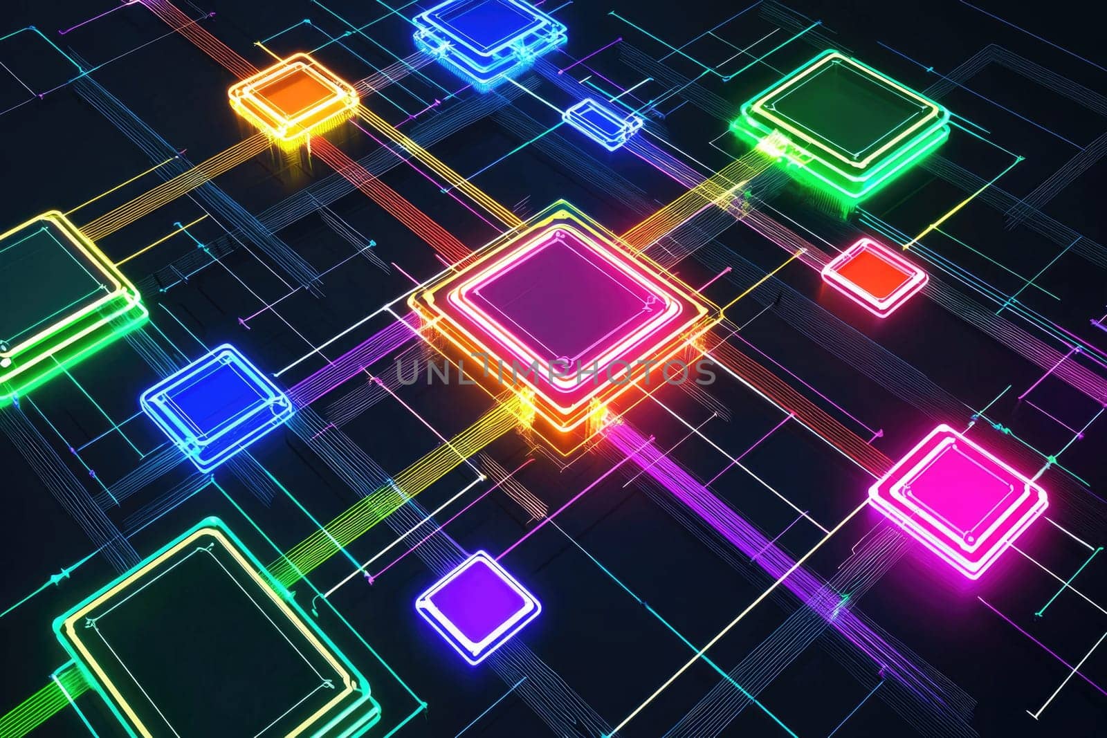 A vibrant and futuristic depiction of a neon circuit board featuring colorful microchips and illuminated lines, ideal for technology and digital art projects.