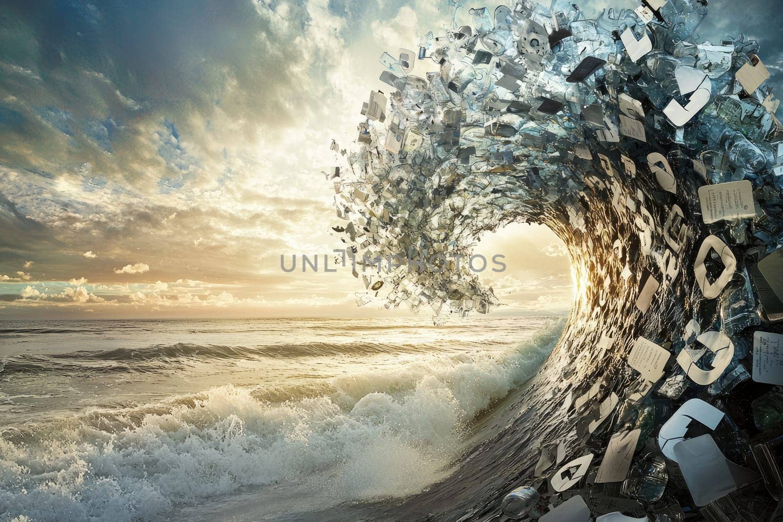 This captivating image captures a massive wave formed from various waste materials, highlighting the urgent issue of ocean pollution against a stunning sunset backdrop.