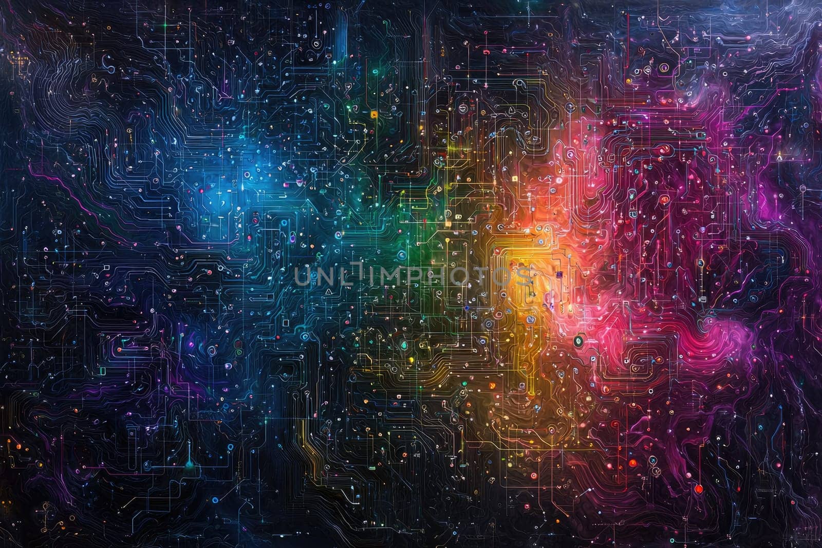 Vibrant abstract digital art showcasing cosmic connections with colorful patterns and intricate circuitry lines, perfect for technology and science themes.