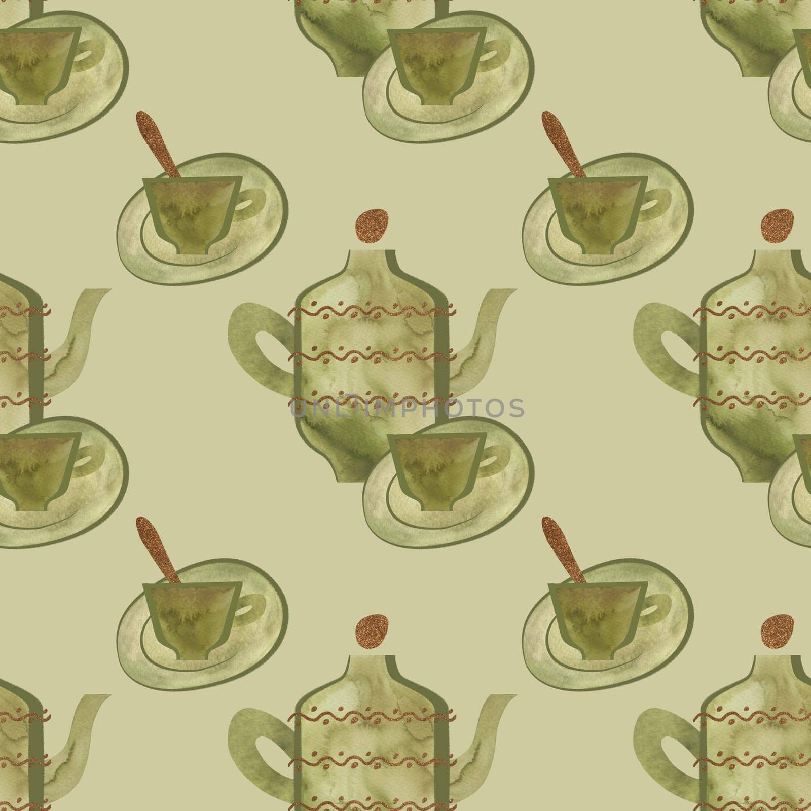 Small green tea cup with gilded spoon and teapot with gold decor. Vintage style. Seamless watercolor pattern on light olive green background for tablecloth or packaging design
