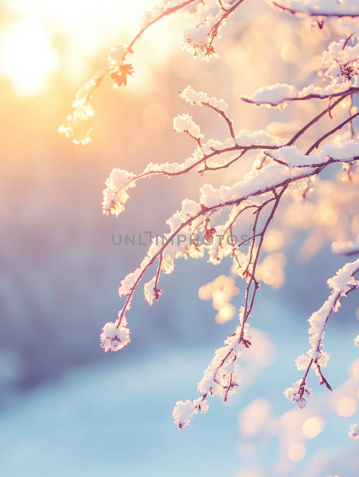 Tranquil winter morning with snow covered tree branches illuminated by subtle light.