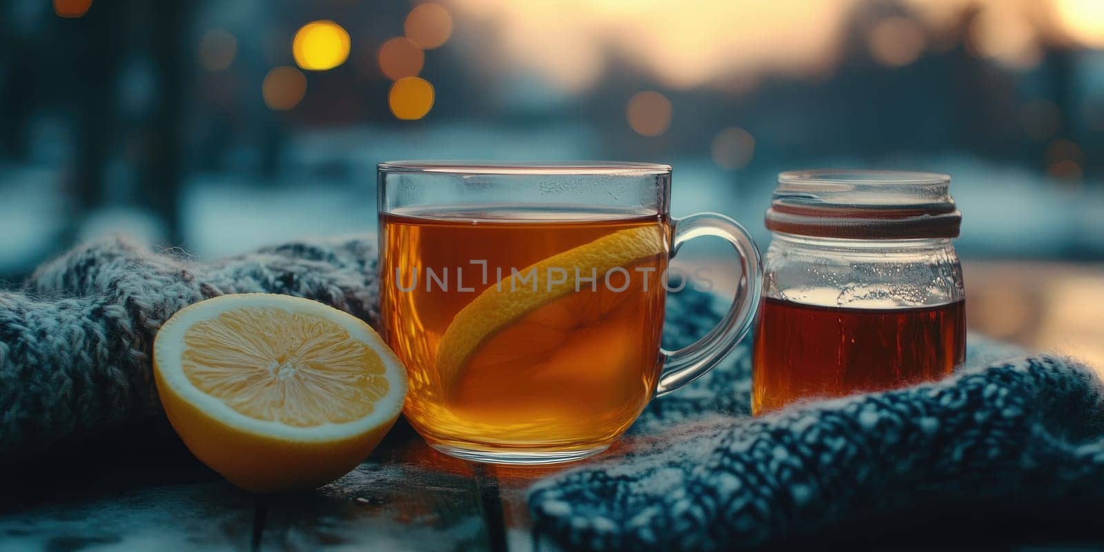 Cozy winter evening with lemon tea and honey warmth and comfort for relaxation and wellness.