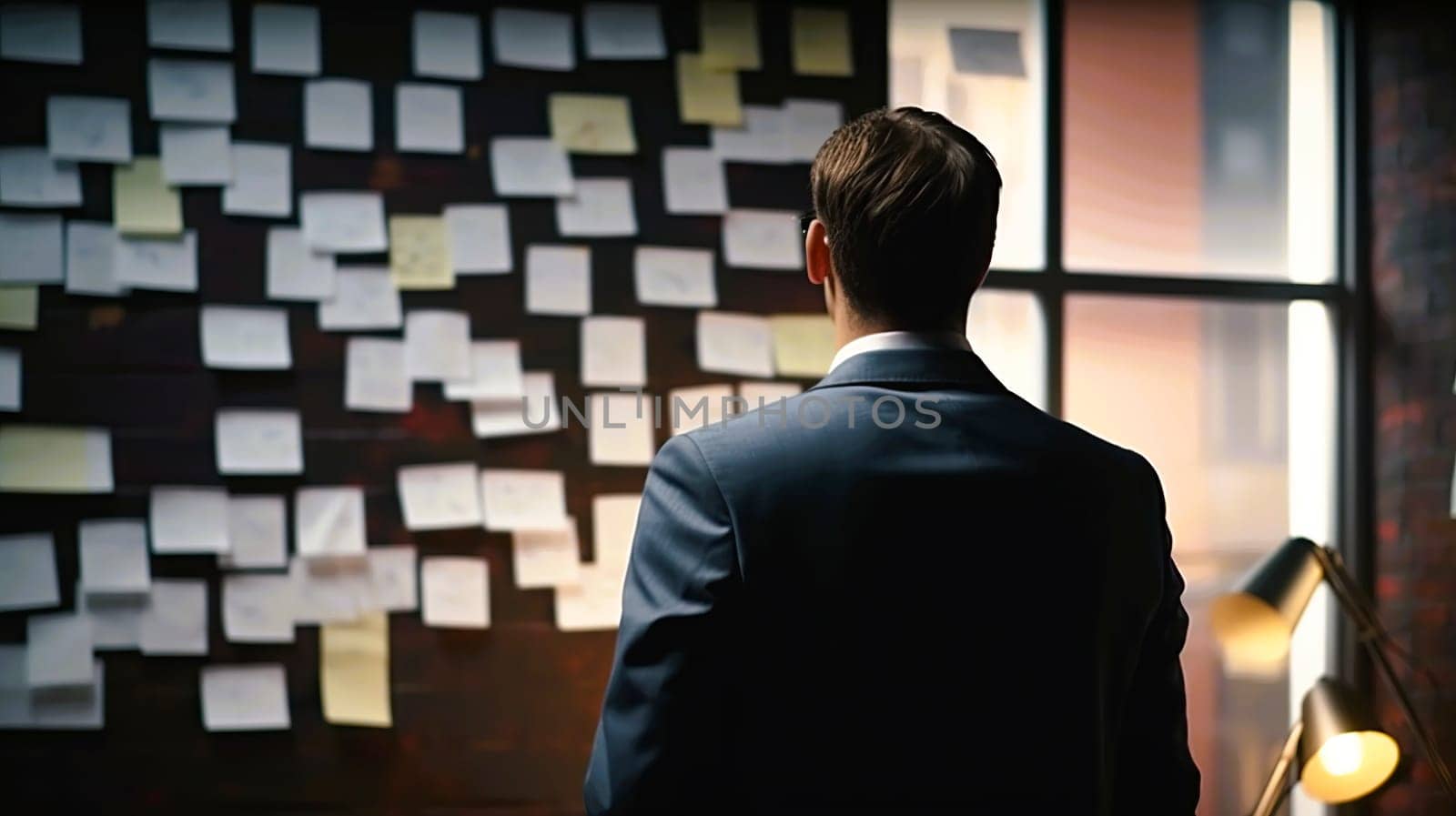 A man dressed in a tailored suit is standing in front of a wall that is completely covered in colorful sticky notes of various sizes