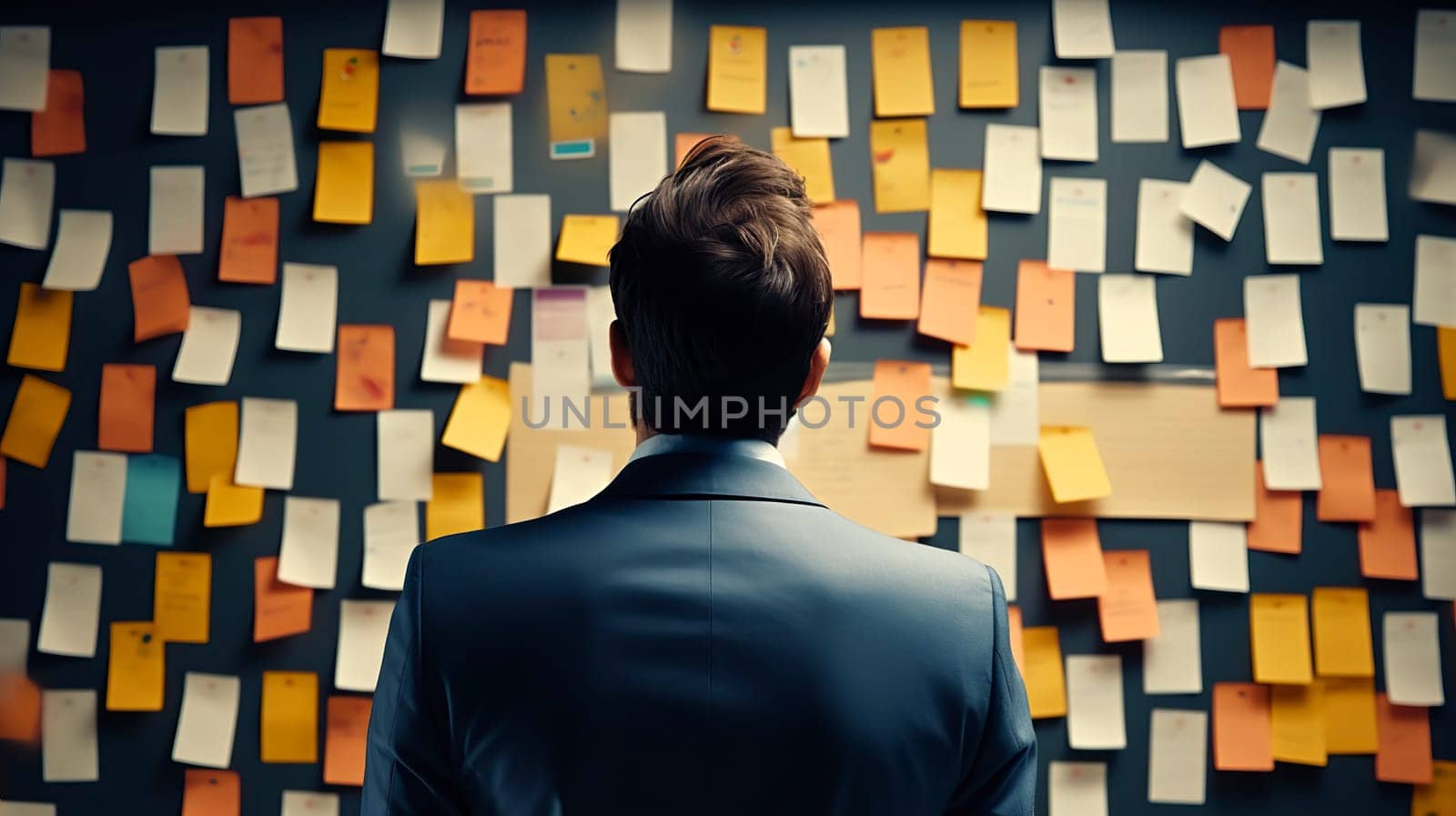 A man dressed in a tailored suit is standing in front of a wall that is completely covered in colorful sticky notes of various sizes