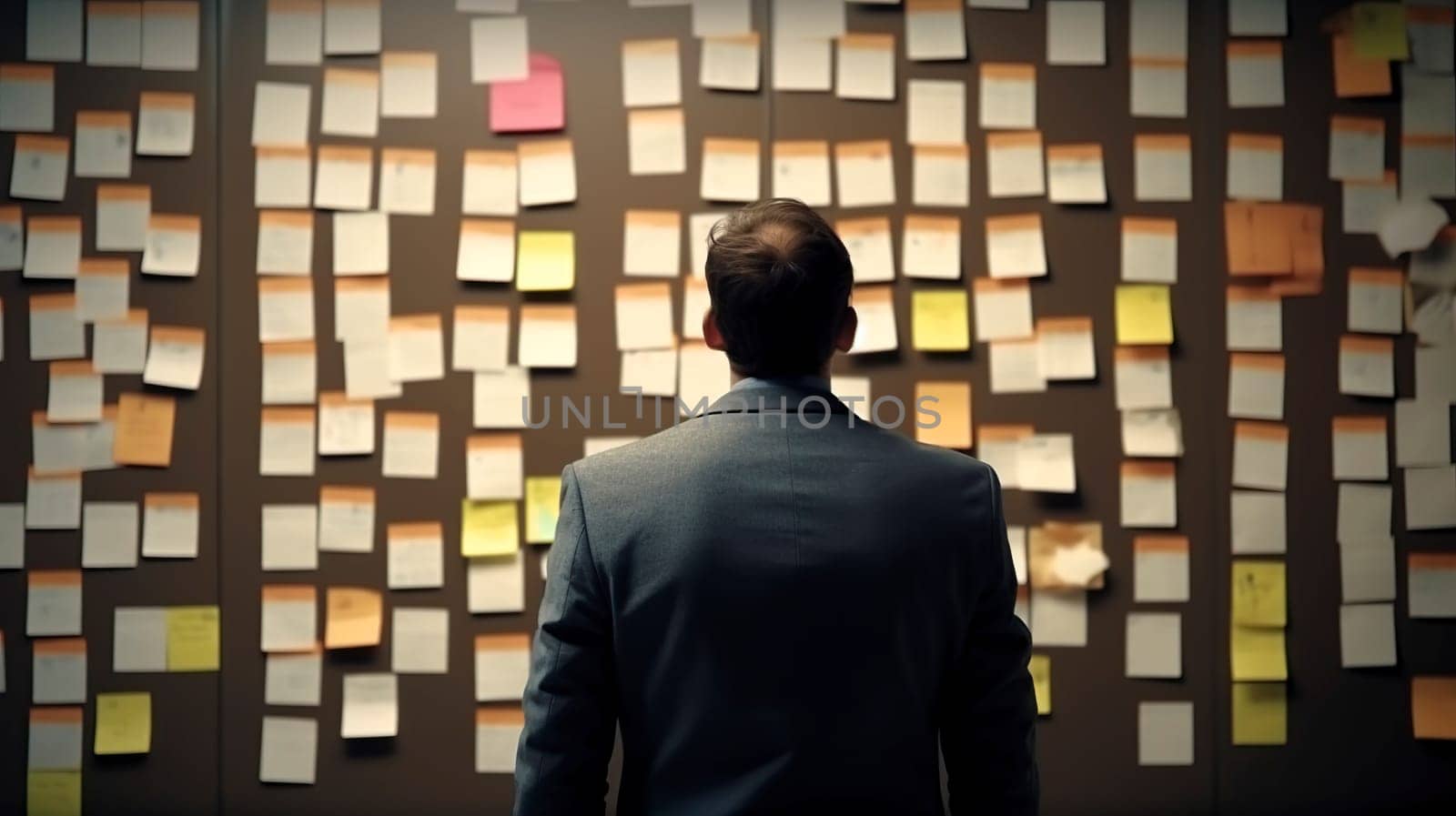 A man dressed in a tailored suit is standing in front of a wall that is completely covered in colorful sticky notes of various sizes
