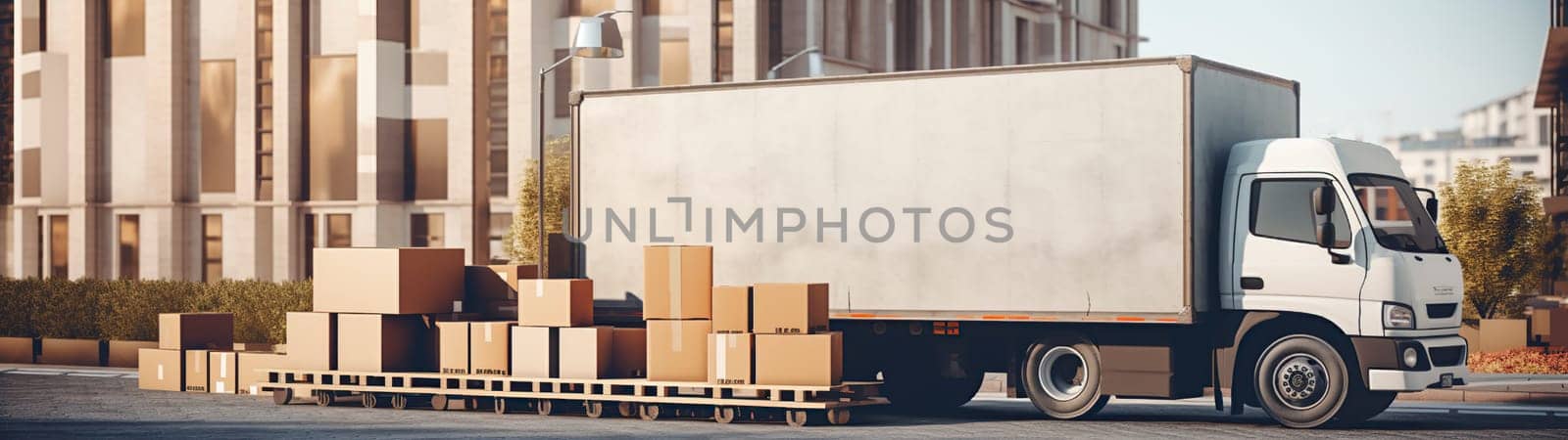 A white delivery truck is parked in front of a building that is filled with numerous cardboard boxes stacked up for convenience and organization. Banner.