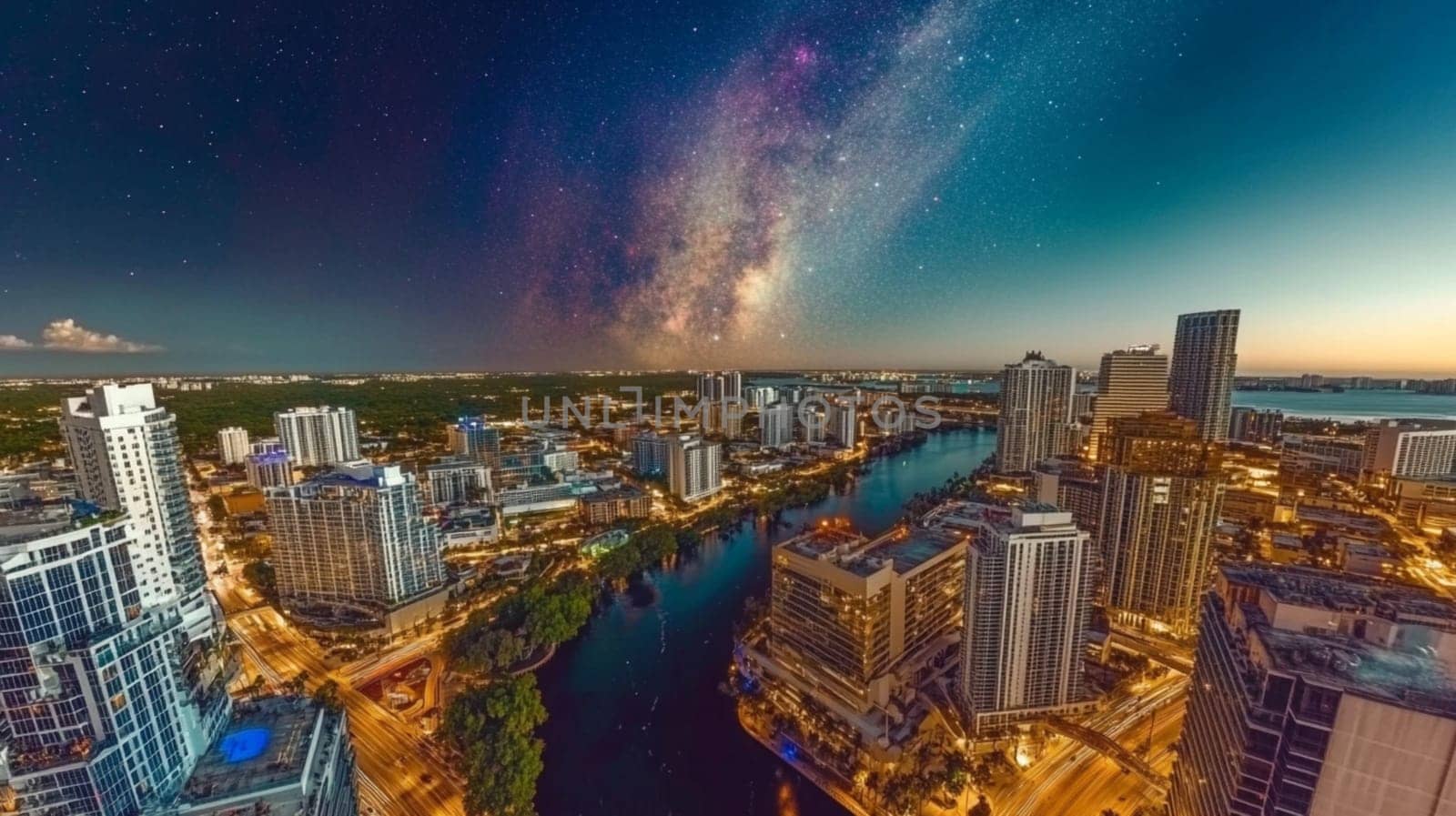 A stunning aerial view of a vibrant city skyline at night, illuminated buildings along a winding river, with a starry sky and the Milky Way visible above.