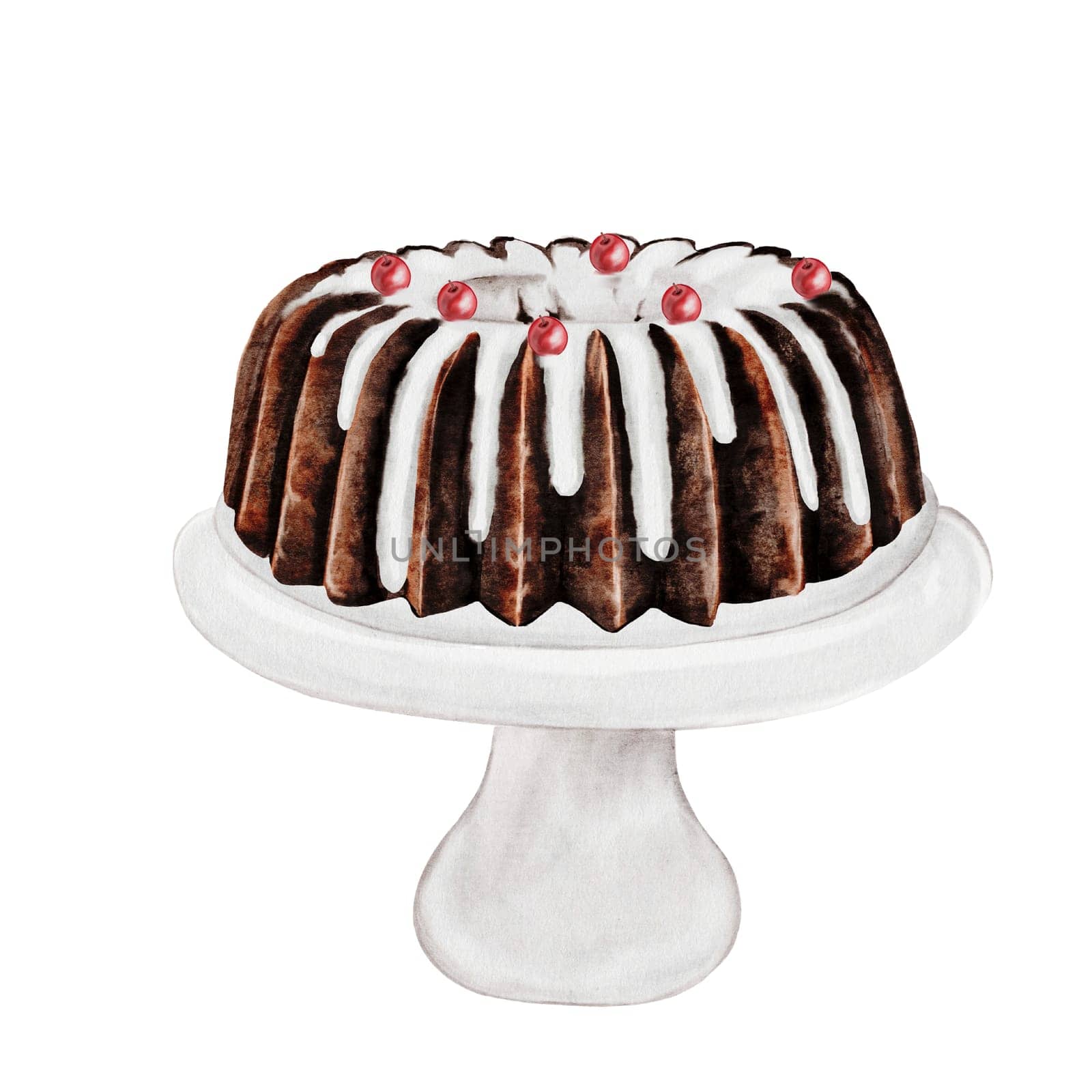 Chocolate cake watercolor. Hand drawn traditional holiday cake. Clip art of chocolate pastry on isolated white background. Ideal for cookbook and bakery menu. High quality photo