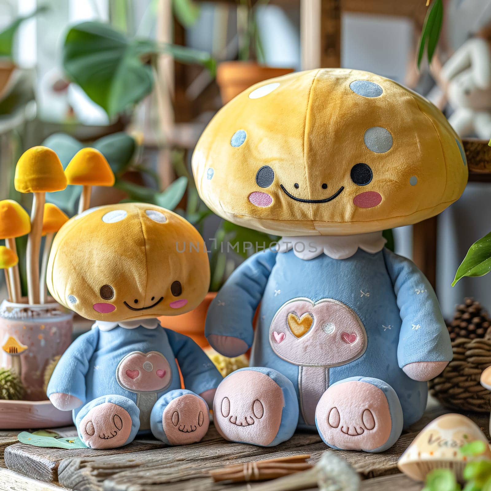 Two stuffed mushrooms, one of which is smiling. The other is sitting on a table. The table is covered with plants and other items