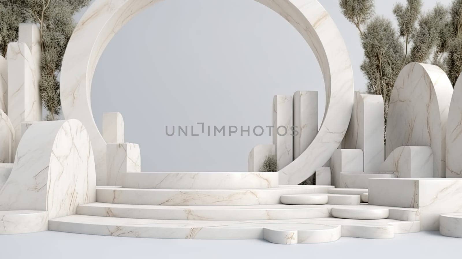 Abstract ancient pedestal in minimalistic room. Interior with sone podium. Generated AI