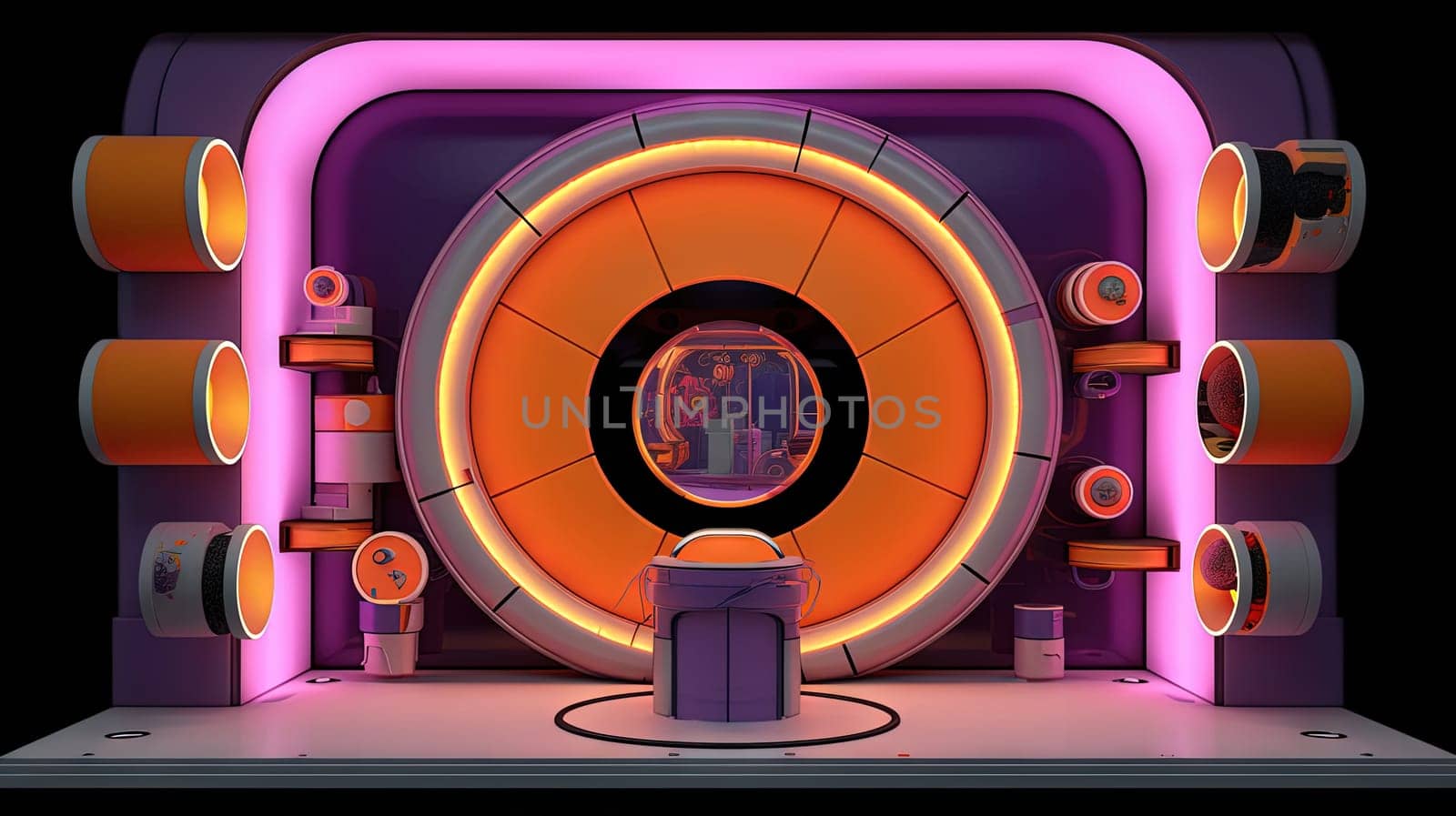 Spaceship or lab interior in retro futuristic sci-fi style with round doors. Generated AI