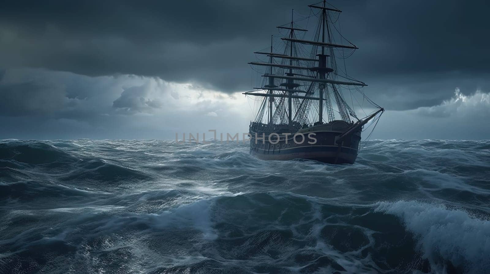 Ship in the stormy sea with huge waves. Giant stormy waves in the ocean and boat. Generated AI