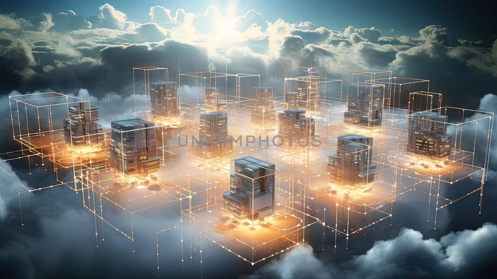 Concept of a digital city with cloud connections. Futuristic network in the clouds. Generated AI