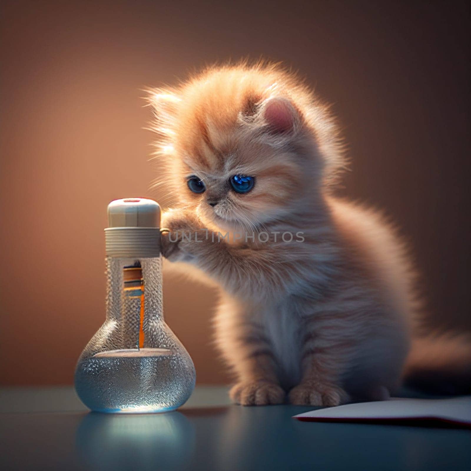 Cure white kitten doing science homework. Small cat watching the experiment in transparent flask in the lab. Generative AI