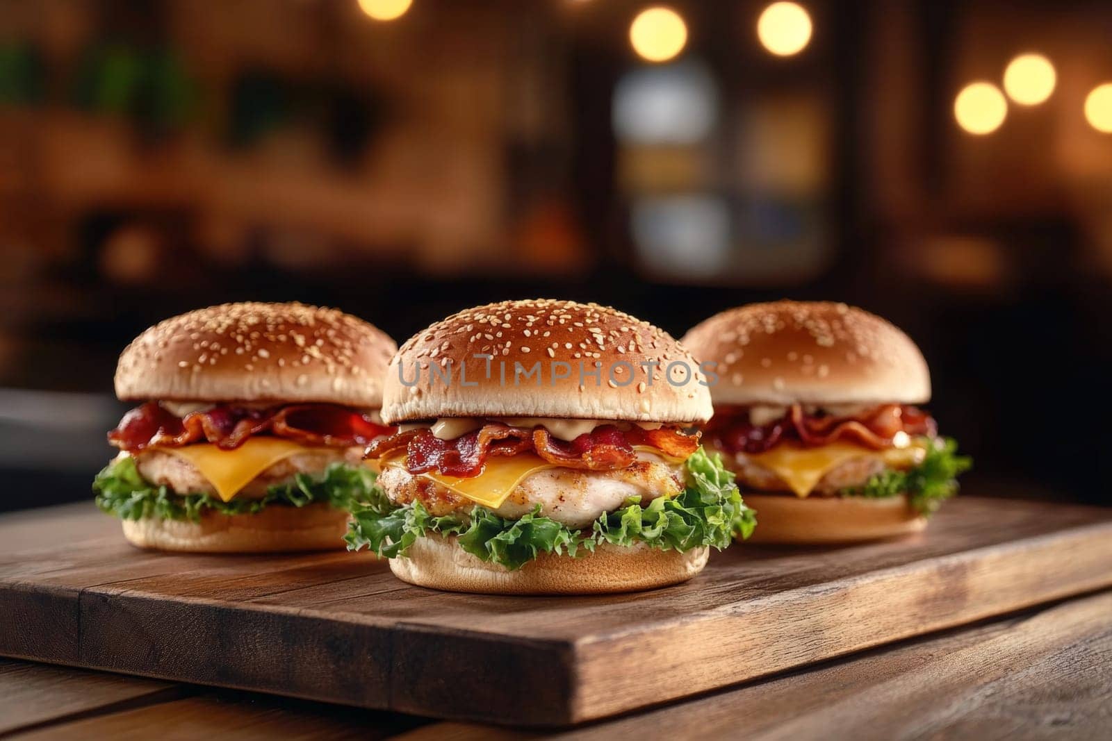 Three juicy tasty hamburgers lie on a wooden table in a bar or cafe. High quality photo