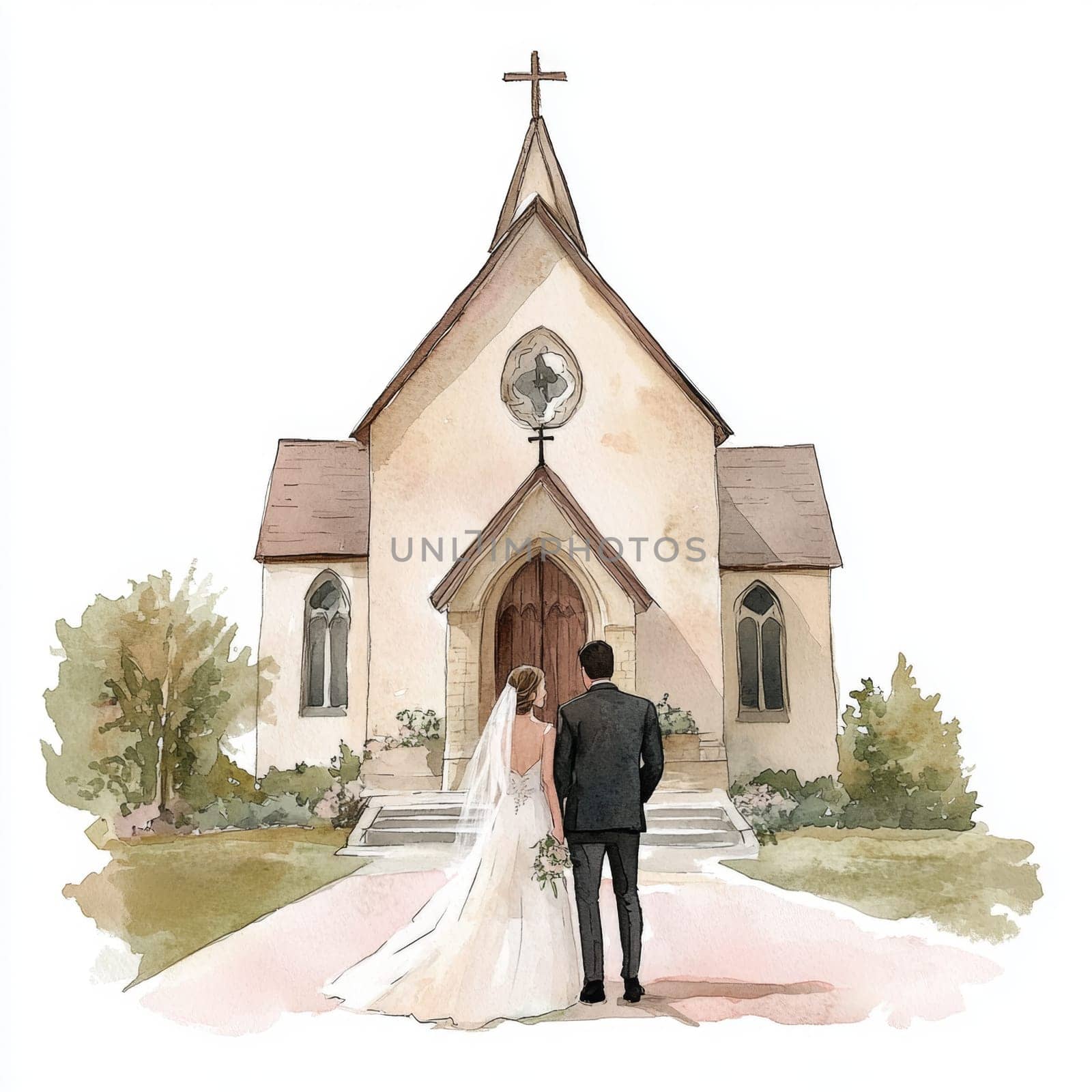 Image of bride and groom near church. High quality photo