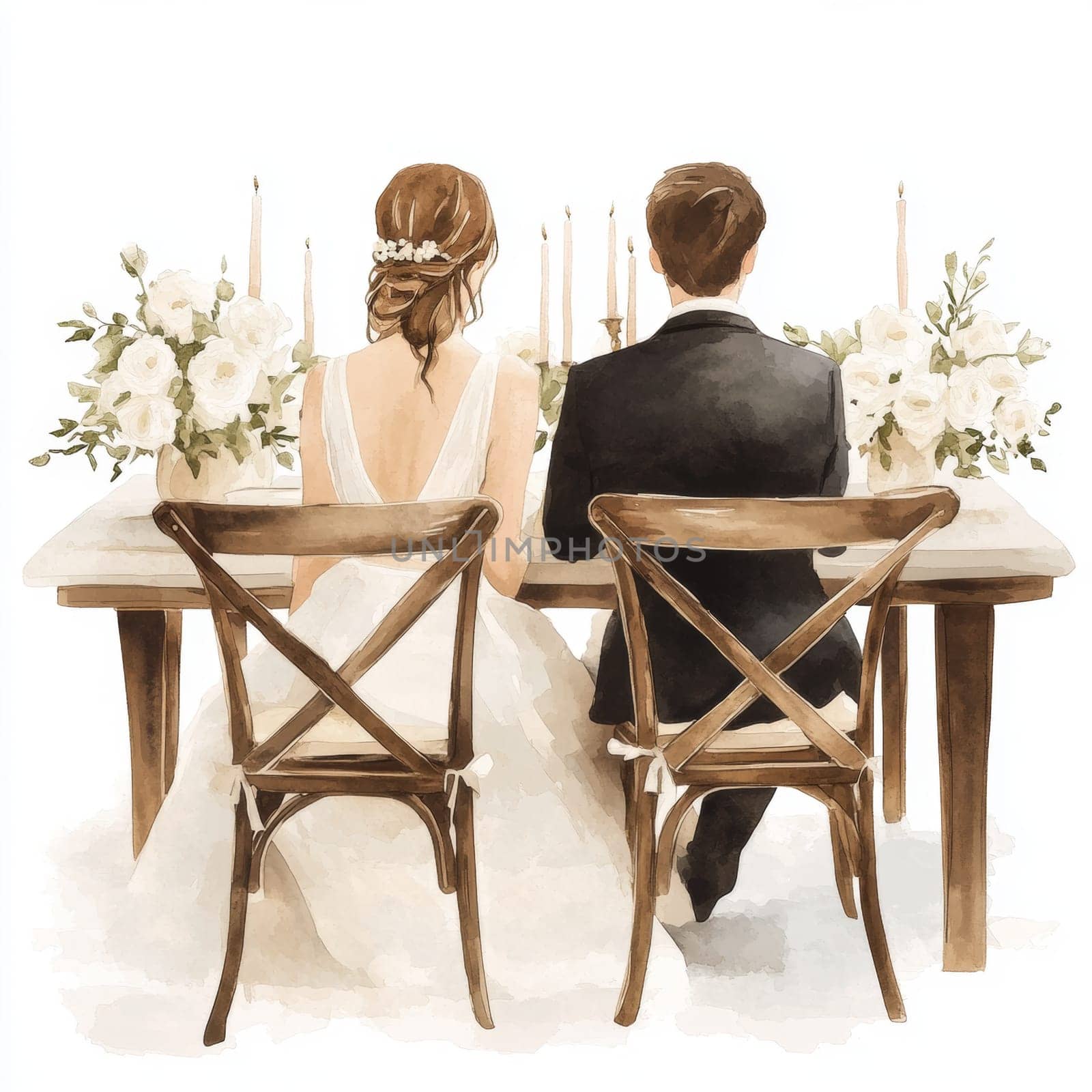 Image of the bride and groom in wedding dresses. They are sitting on chairs at the wedding table. Rear view. High quality photo